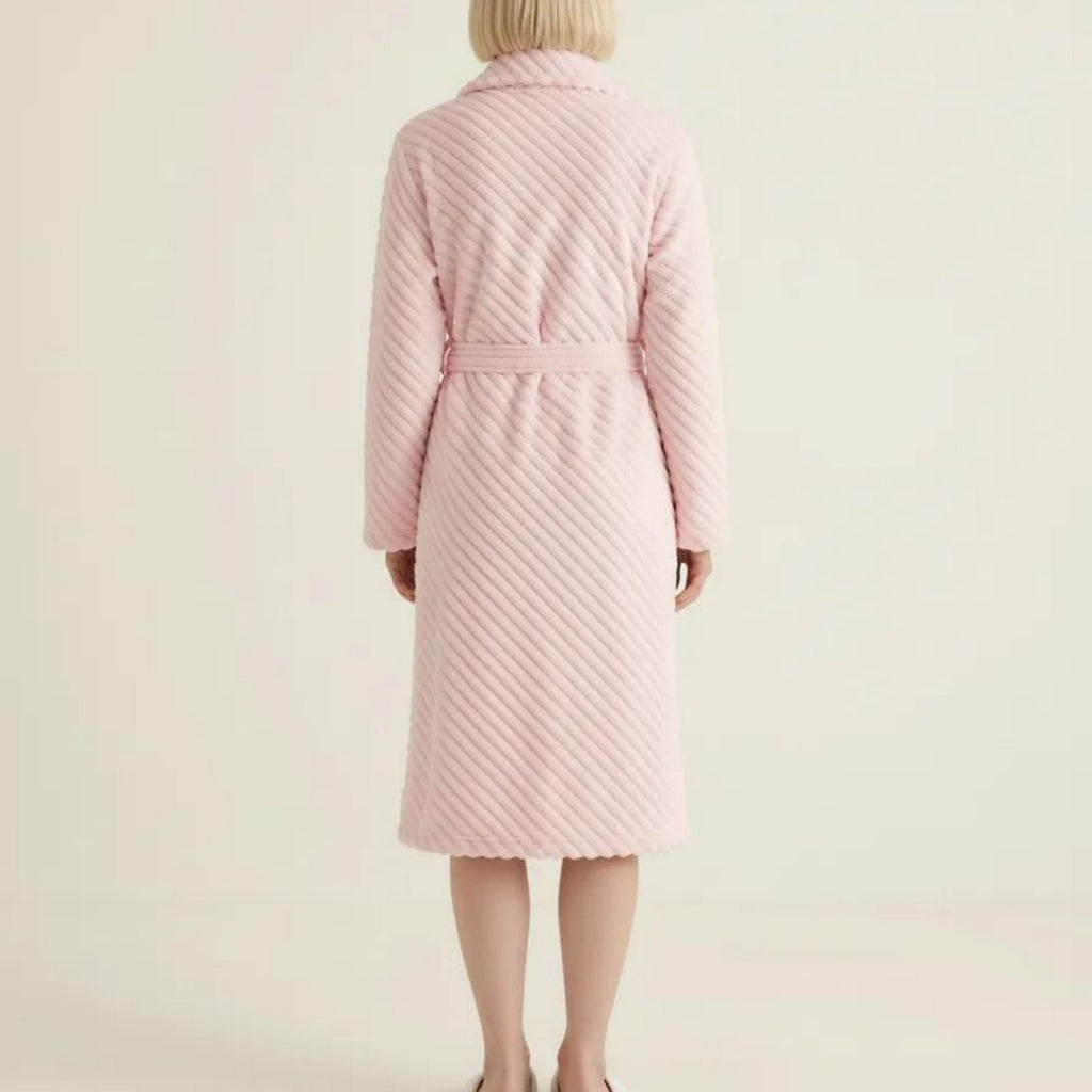 Anna-Kaci Women's Plush Textured Long Robe with Shawl Collar Tie Waist Belt Soft Warm Full Length Bathrobe