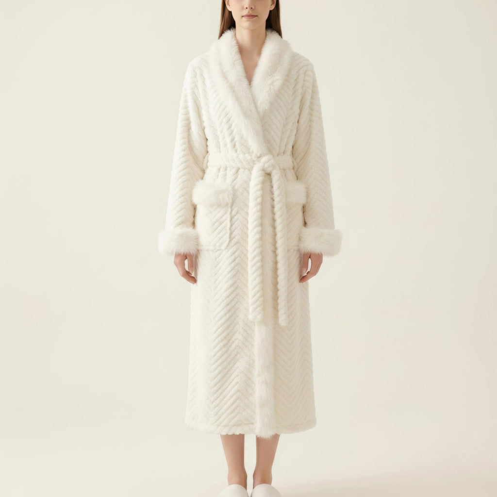 Anna-Kaci Women's Plush Long Robe with Faux Fur Trim Shawl Collar Tie Waist Belt Textured Soft Warm Robe