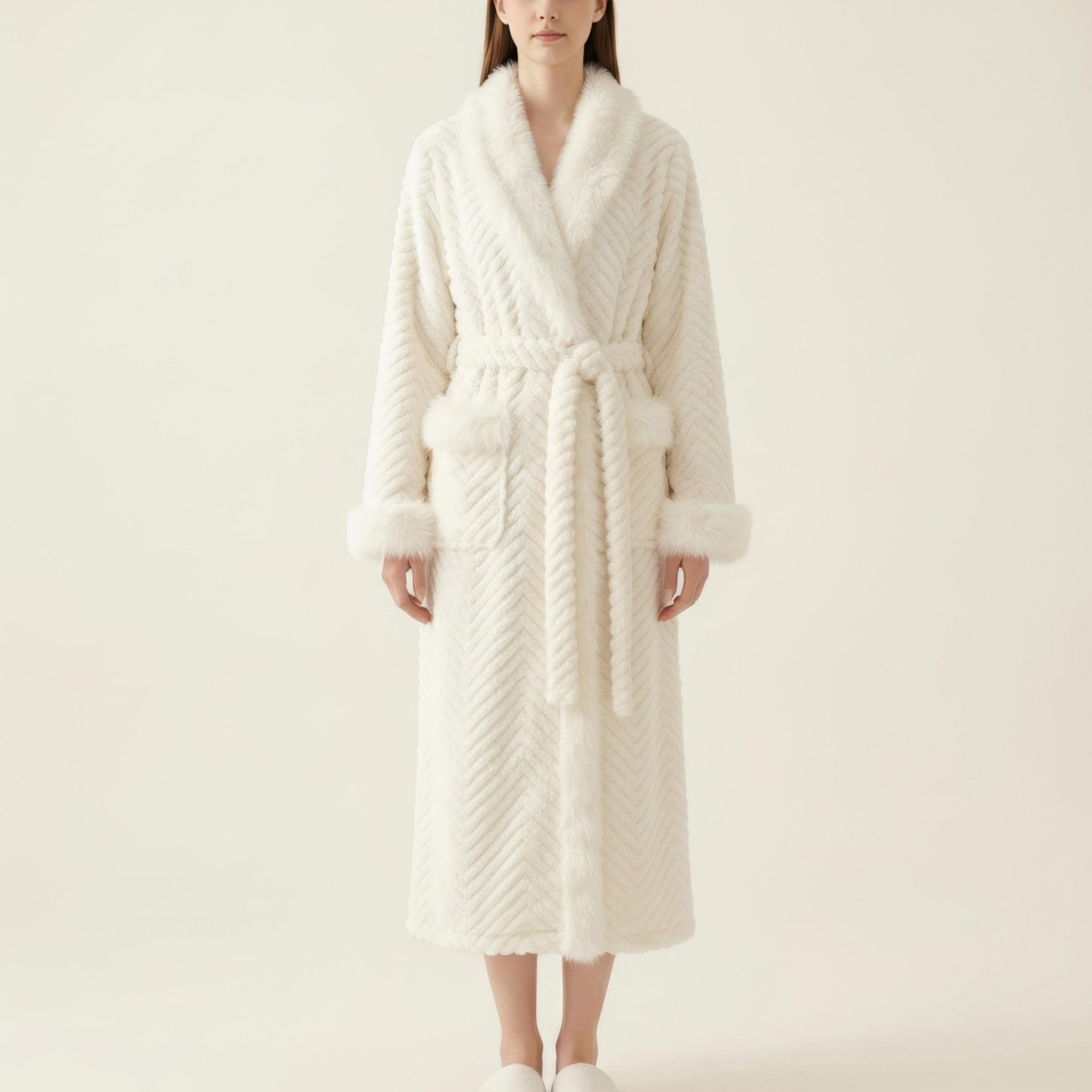 Anna-Kaci Women's Plush Long Robe with Faux Fur Trim Shawl Collar Tie Waist Belt Textured Soft Warm Robe