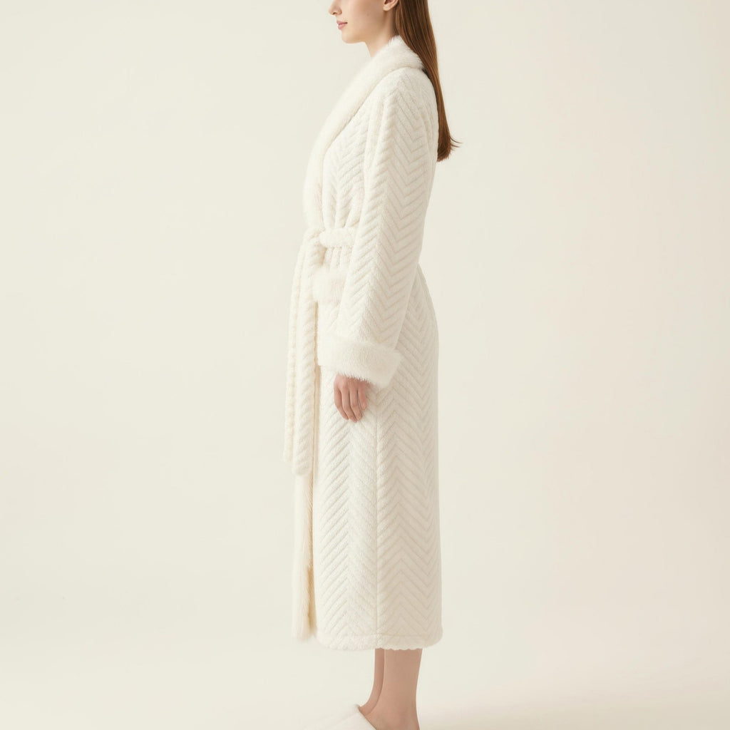 Anna-Kaci Women's Plush Long Robe with Faux Fur Trim Shawl Collar Tie Waist Belt Textured Soft Warm Robe