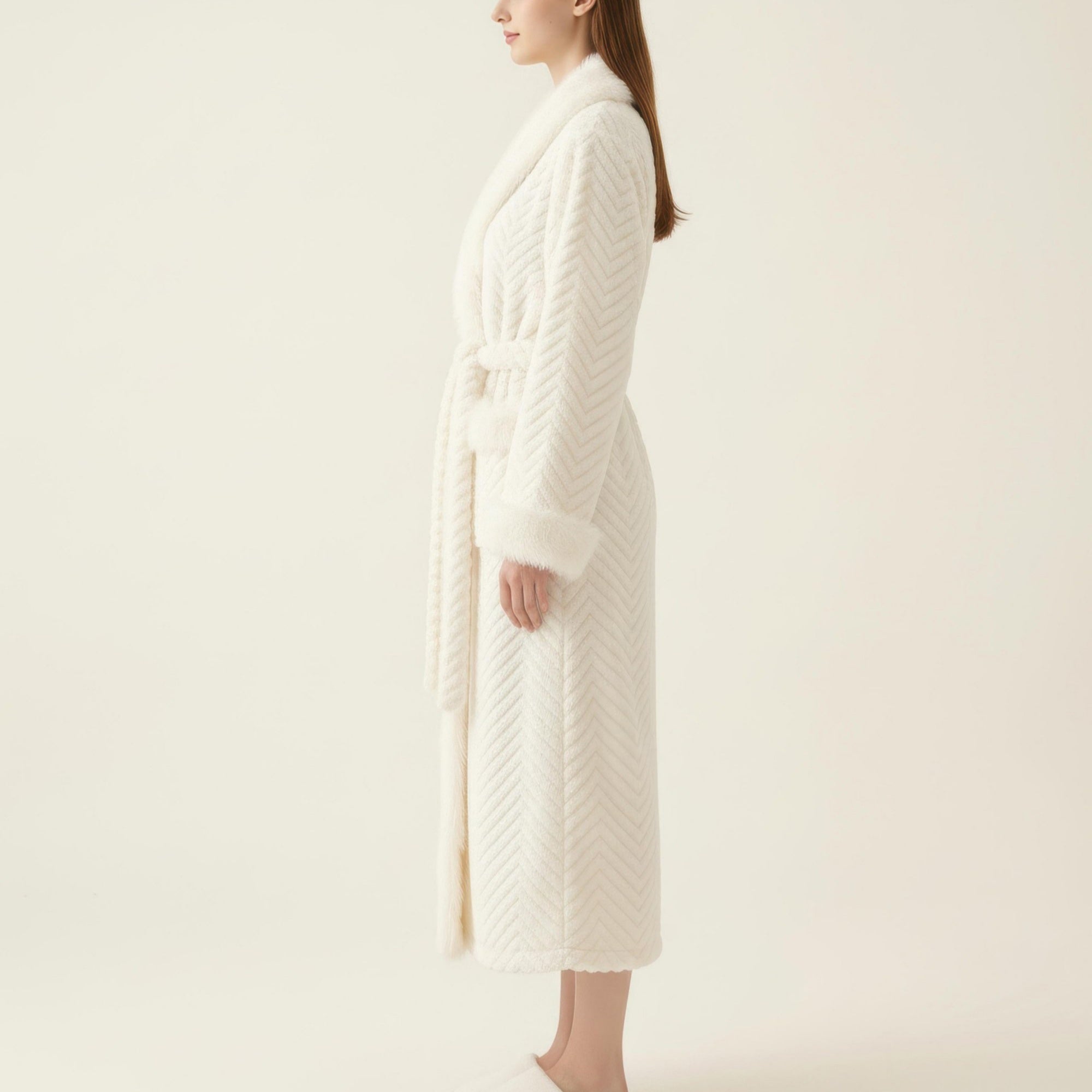 Anna-Kaci Women's Plush Long Robe with Faux Fur Trim Shawl Collar Tie Waist Belt Textured Soft Warm Robe