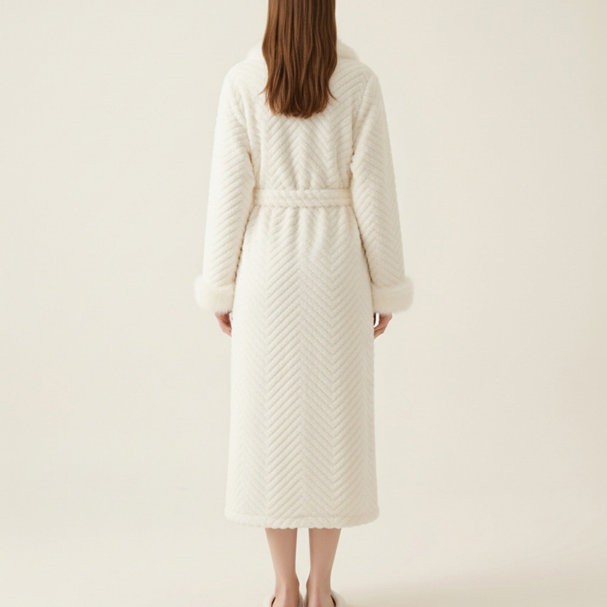 Anna-Kaci Women's Plush Long Robe with Faux Fur Trim Shawl Collar Tie Waist Belt Textured Soft Warm Robe