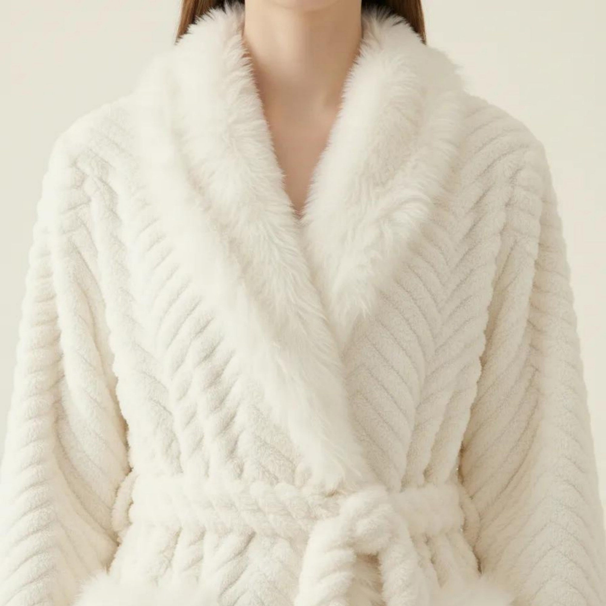 Anna-Kaci Women's Plush Long Robe with Faux Fur Trim Shawl Collar Tie Waist Belt Textured Soft Warm Robe