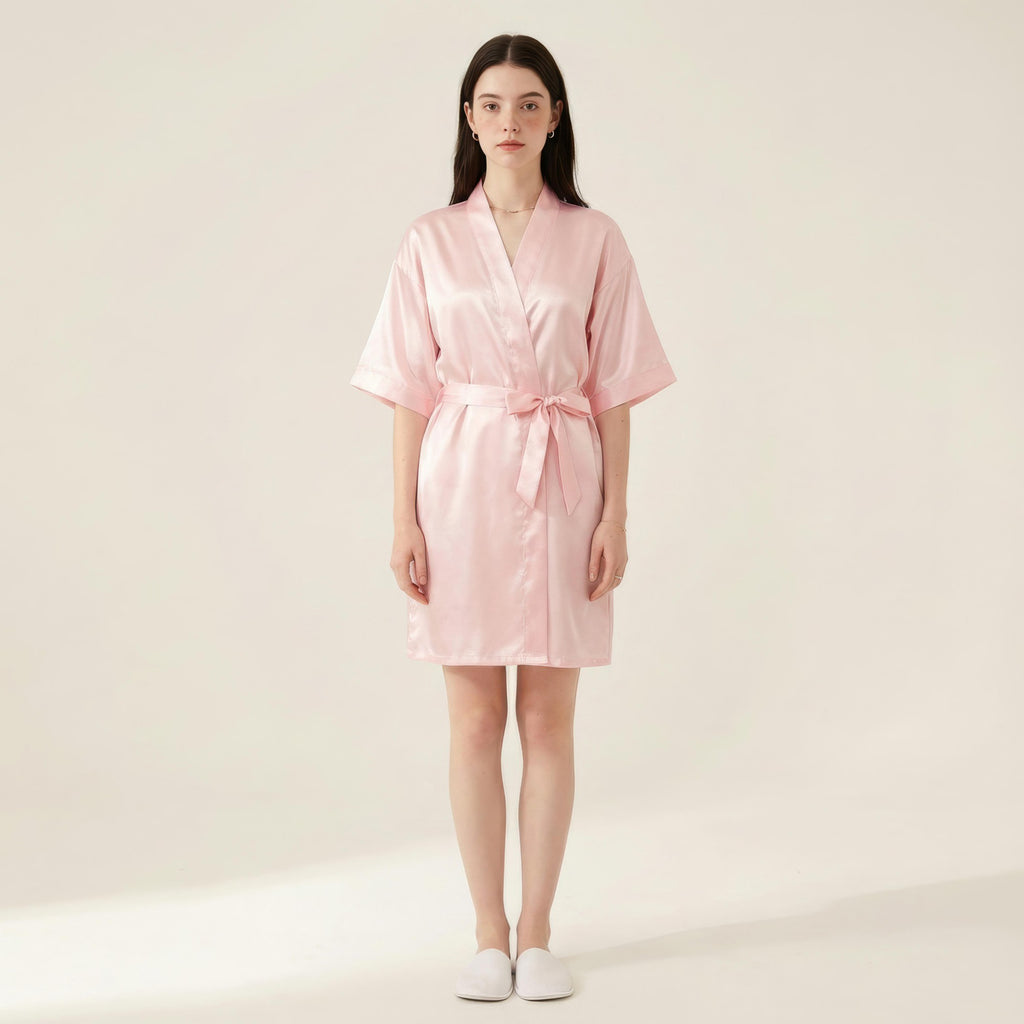 Anna-Kaci Women's Satin Wrap Robe with Self Tie Waist Belt Short Sleeve Silky Smooth Lightweight Robe