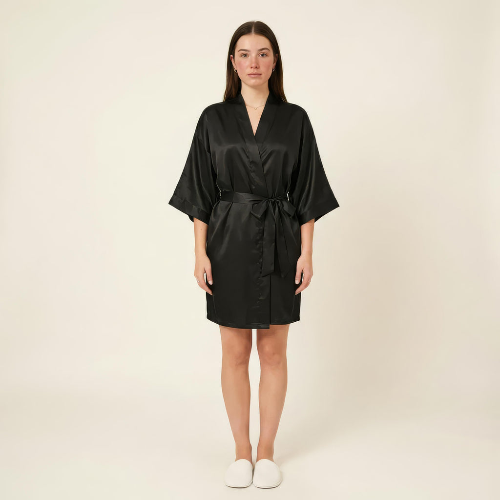 Anna-Kaci Women's Satin Wrap Robe with Self Tie Waist Belt Wide Sleeves and Smooth Lightweight Silky Finish