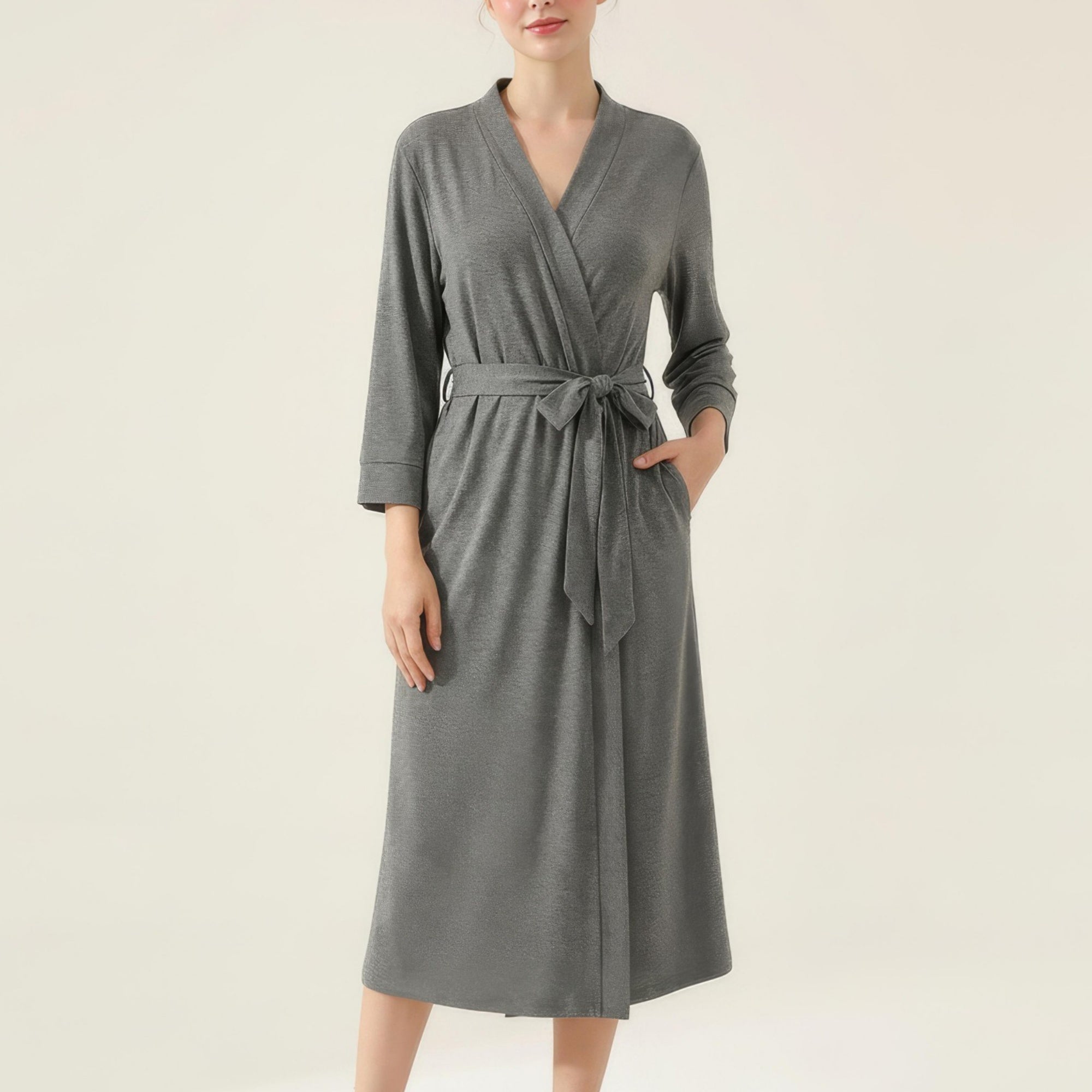 Anna-Kaci Women's Long Lightweight Robe with Shawl Collar Tie Waist Belt Front Pockets Soft Knit Robe