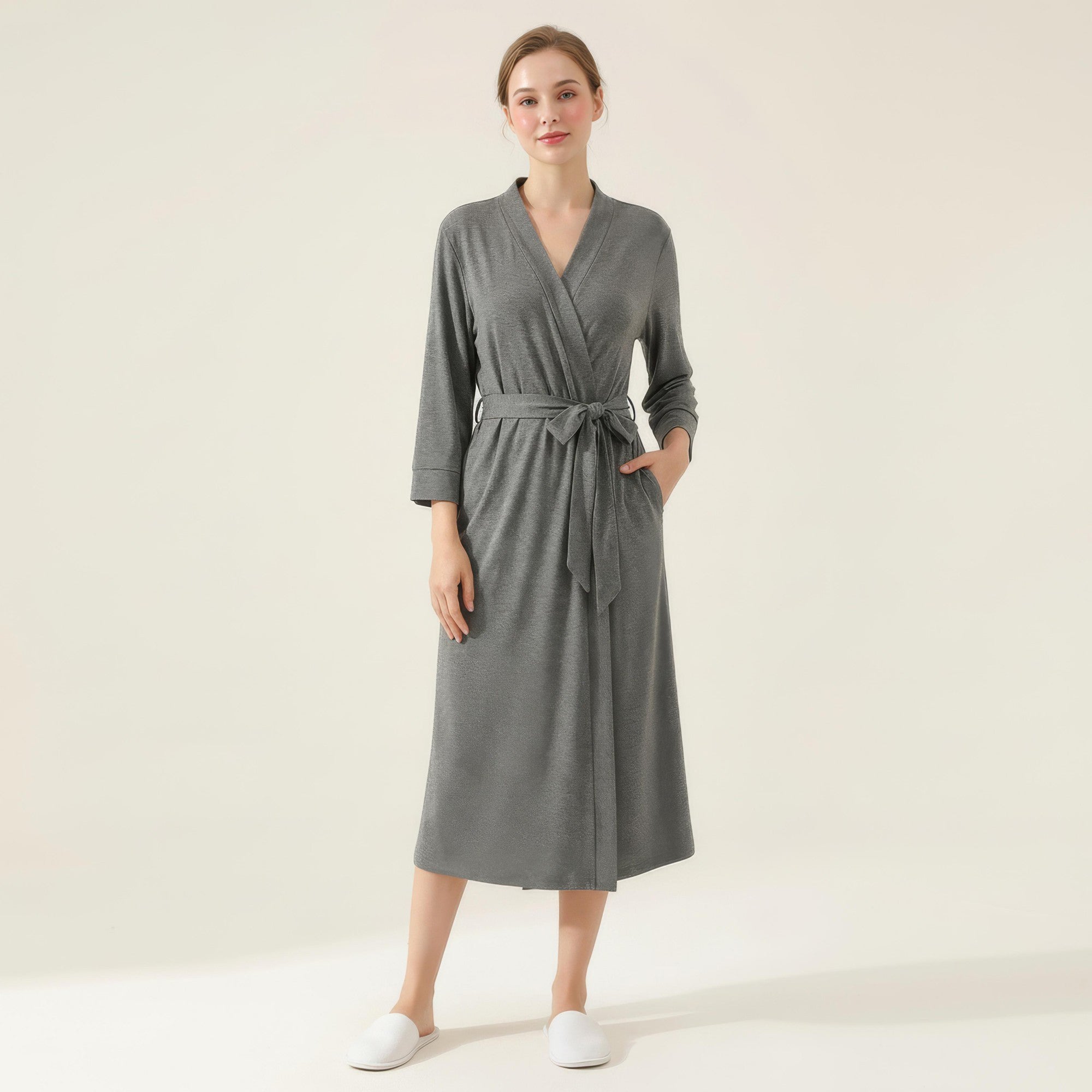 Anna-Kaci Women's Long Lightweight Robe with Shawl Collar Tie Waist Belt Front Pockets Soft Knit Robe