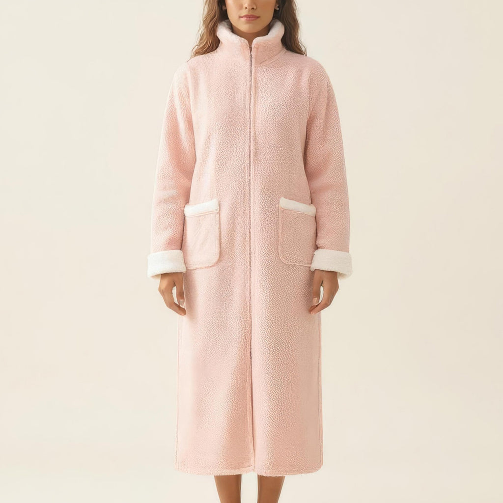 Anna-Kaci Women's Long Plush Zip Front Robe with Stand Collar Front Pockets Soft Fleece Robe