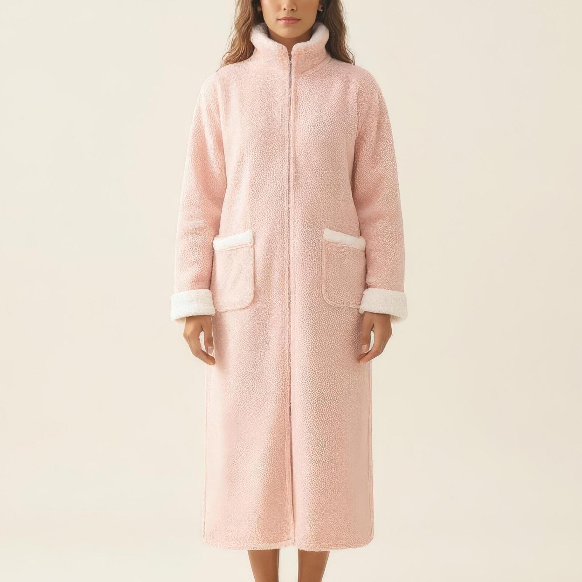 Anna-Kaci Women's Long Plush Zip Front Robe with Stand Collar Front Pockets Soft Fleece Robe