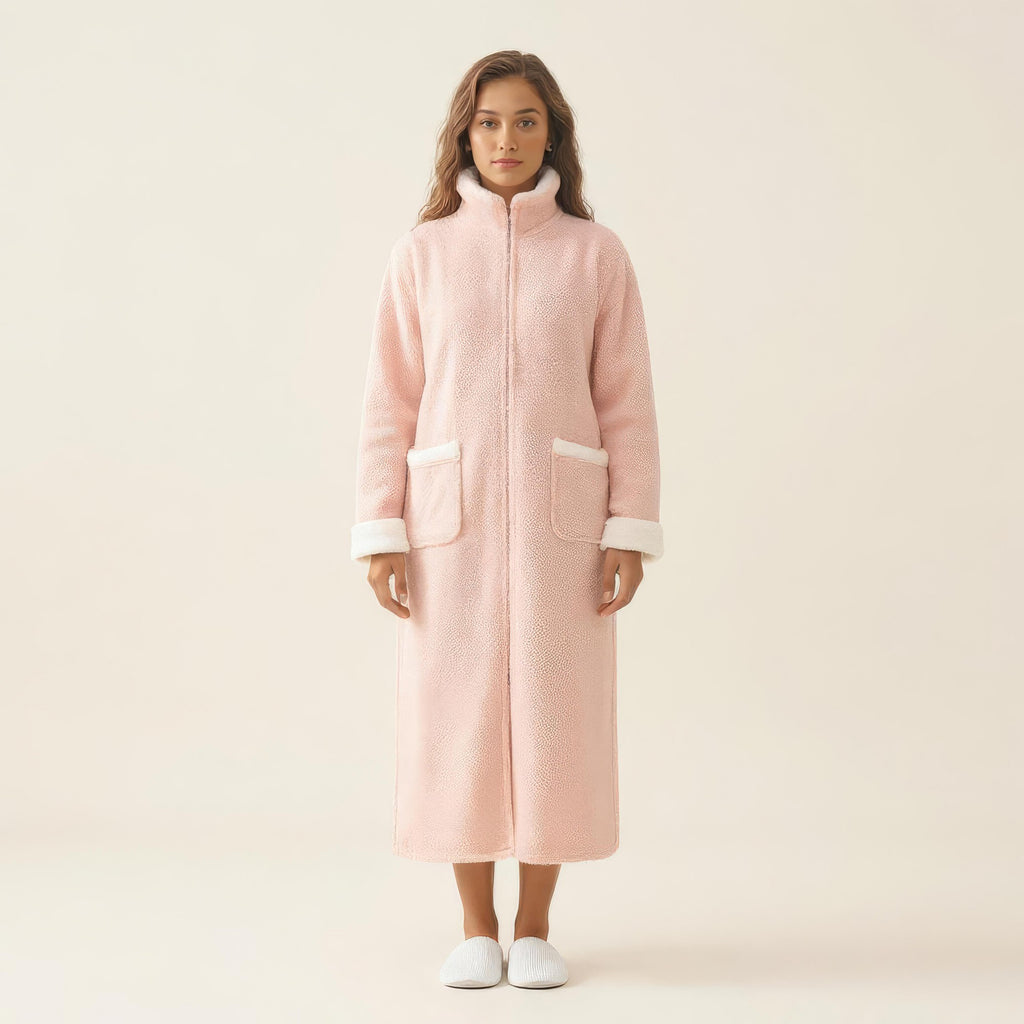 Anna-Kaci Women's Long Plush Zip Front Robe with Stand Collar Front Pockets Soft Fleece Robe