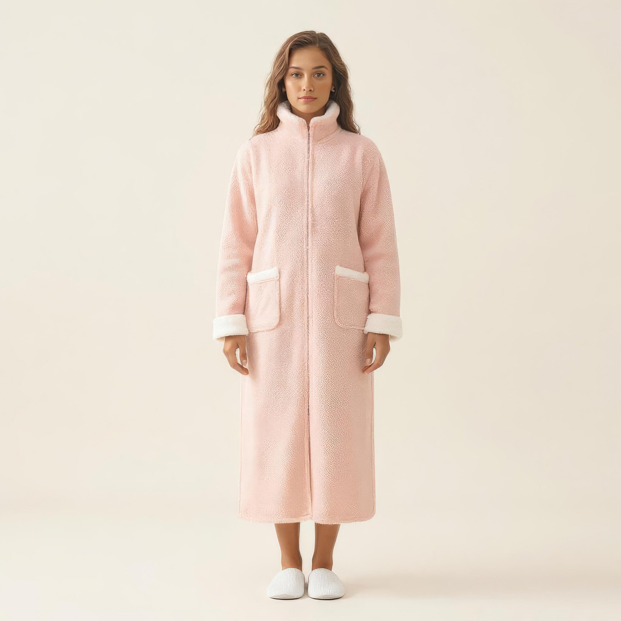 Anna-Kaci Women's Long Plush Zip Front Robe with Stand Collar Front Pockets Soft Fleece Robe