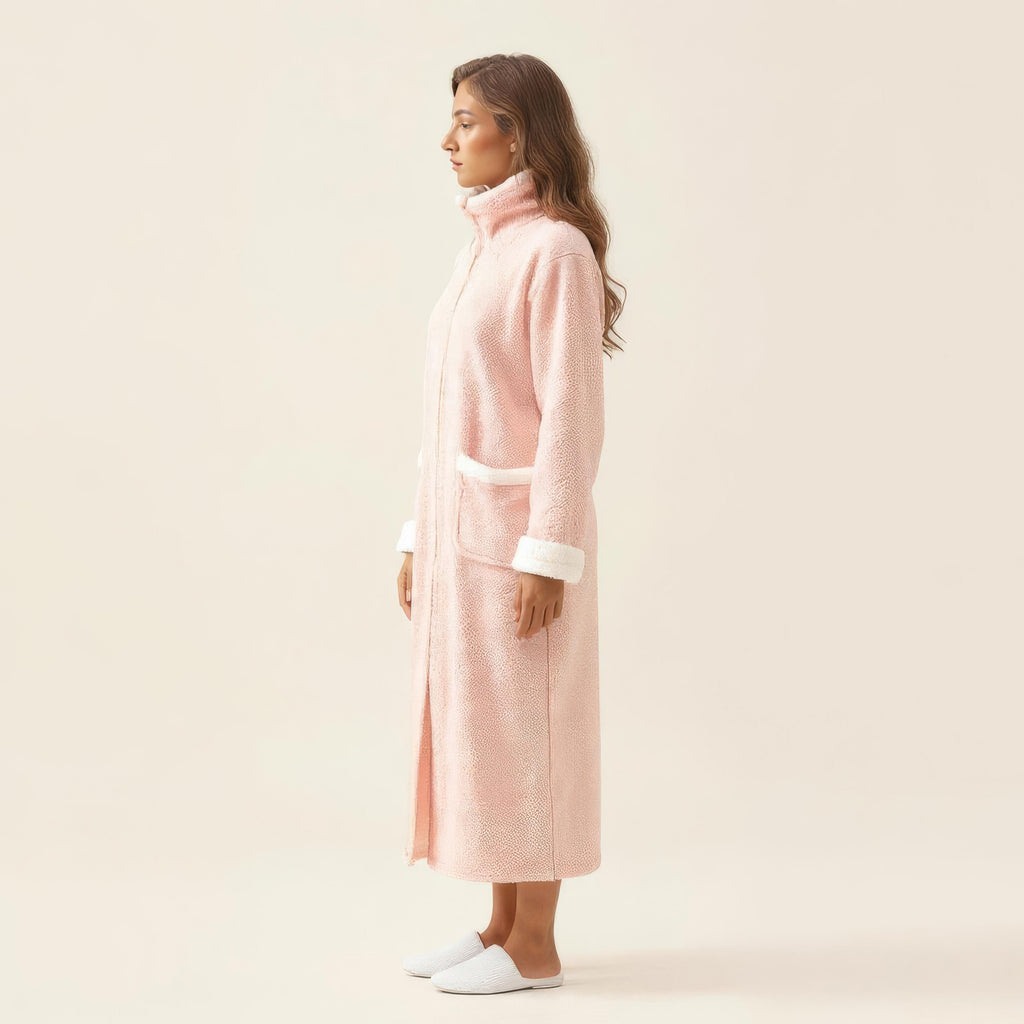 Anna-Kaci Women's Long Plush Zip Front Robe with Stand Collar Front Pockets Soft Fleece Robe