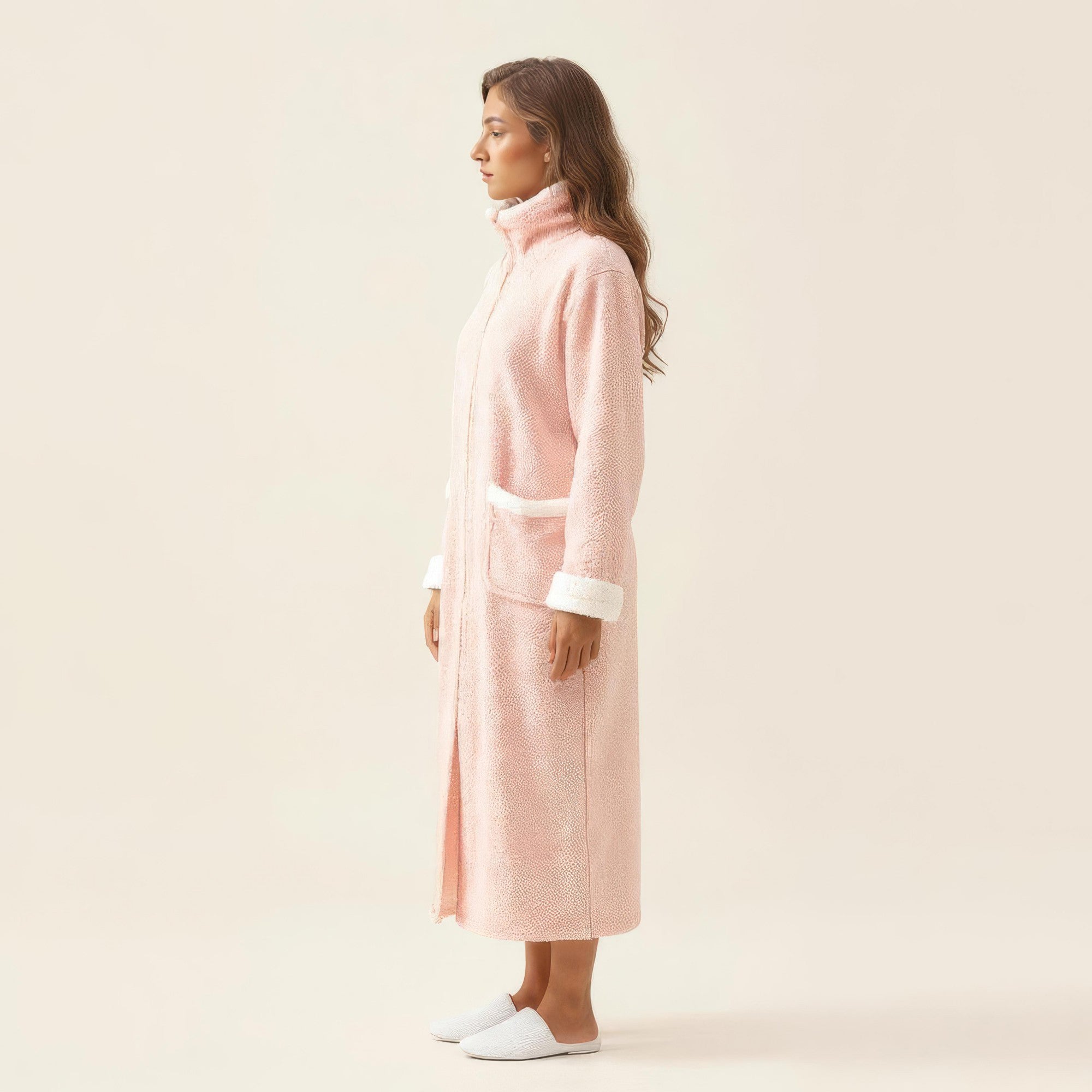 Anna-Kaci Women's Long Plush Zip Front Robe with Stand Collar Front Pockets Soft Fleece Robe