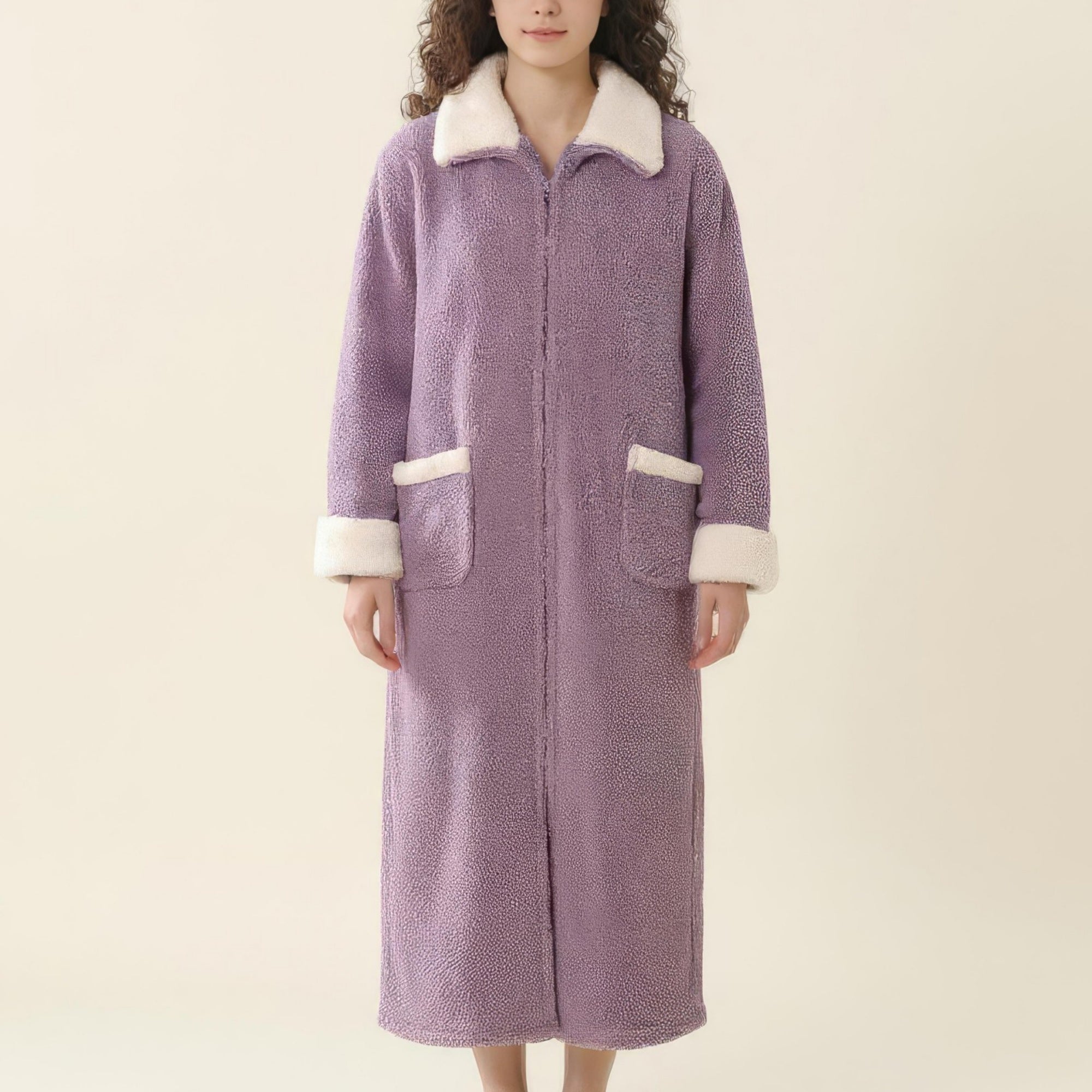 Anna-Kaci Women's Long Plush Zip Front Robe with Stand Collar Front Pockets Soft Fleece Robe