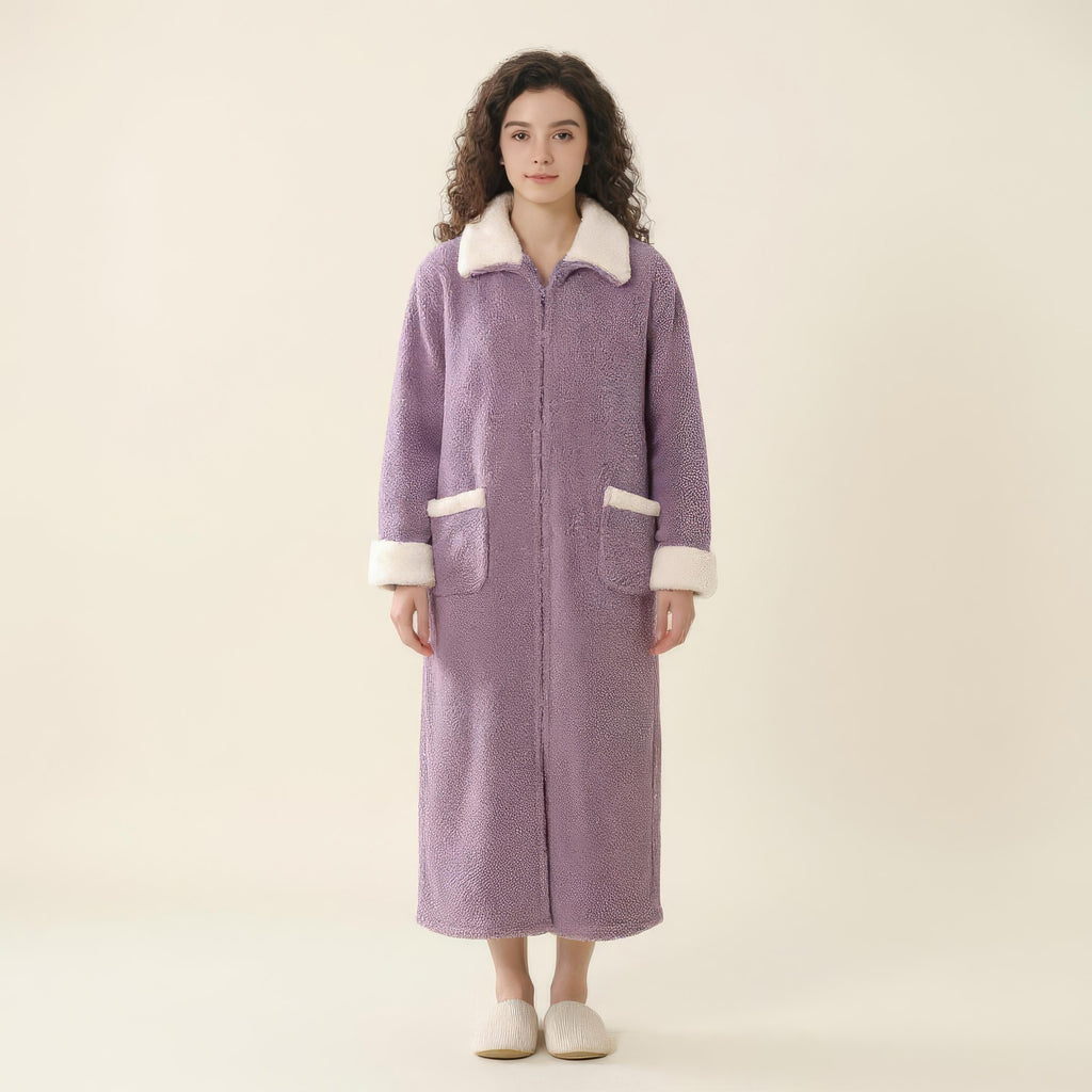 Anna-Kaci Women's Long Plush Zip Front Robe with Stand Collar Front Pockets Soft Fleece Robe