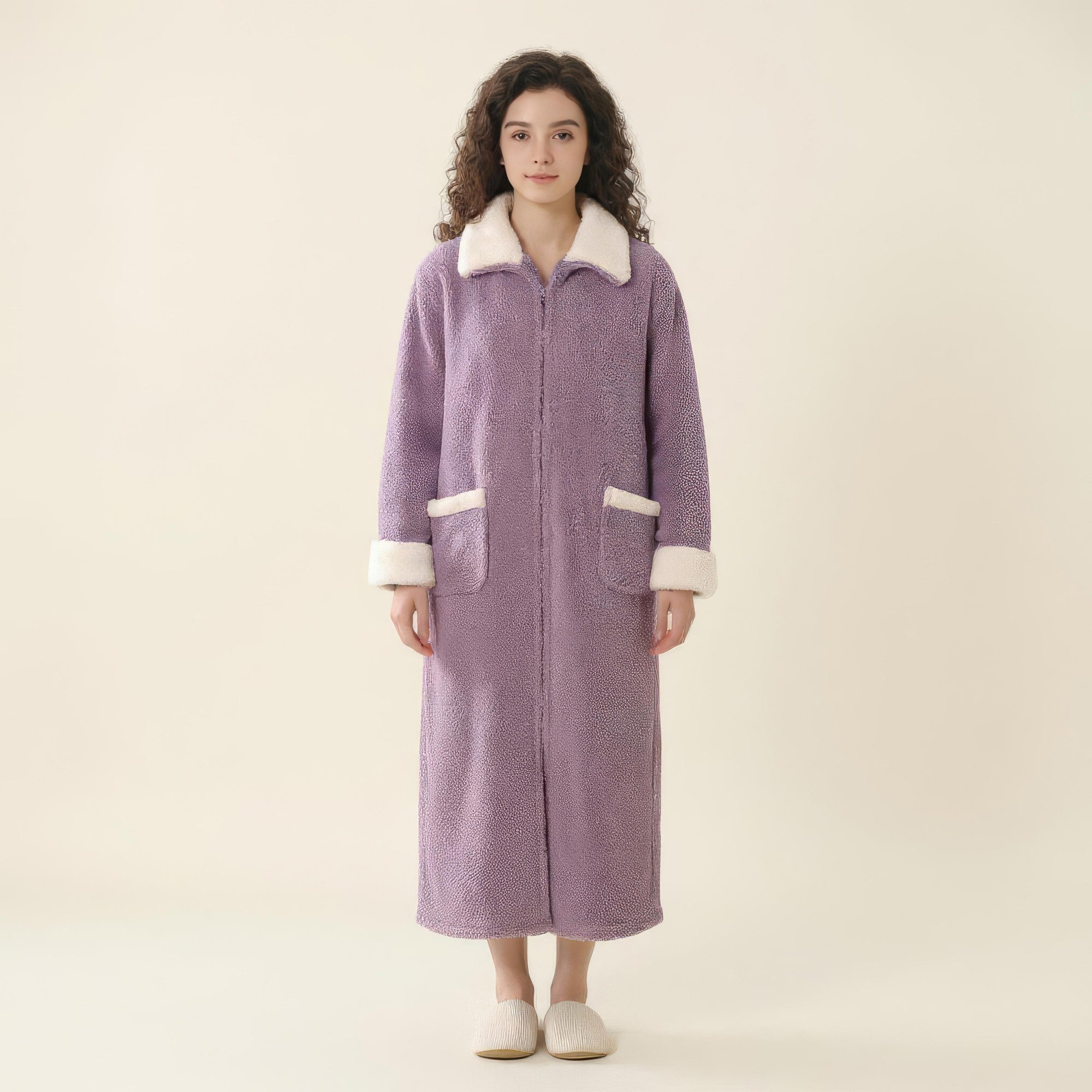 Anna-Kaci Women's Long Plush Zip Front Robe with Stand Collar Front Pockets Soft Fleece Robe