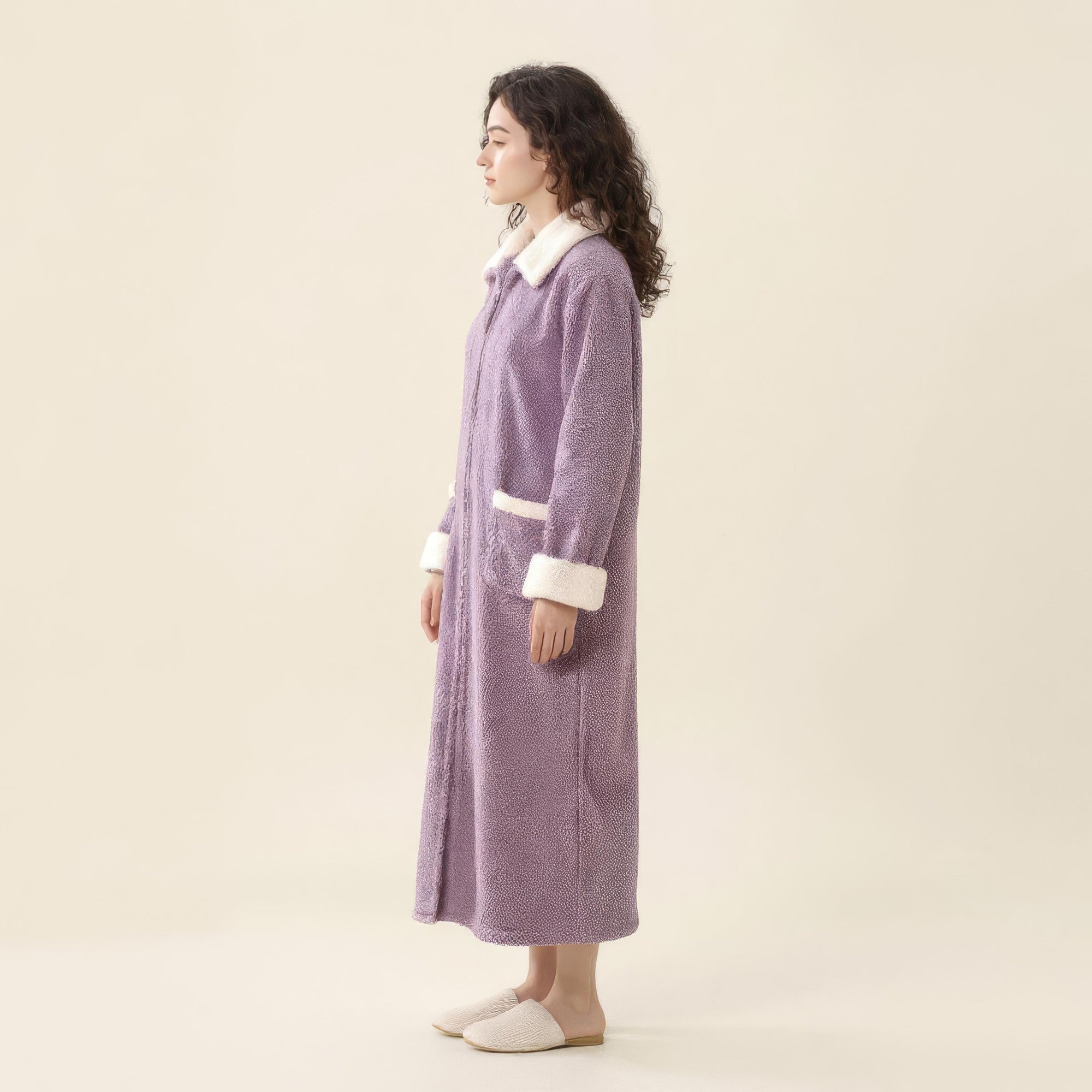 Anna-Kaci Women's Long Plush Zip Front Robe with Stand Collar Front Pockets Soft Fleece Robe