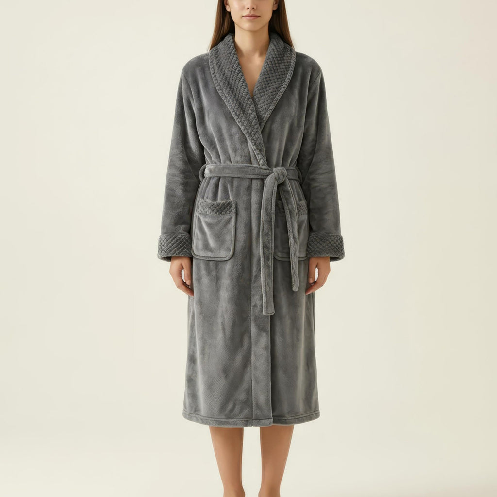 Anna-Kaci Women's Long Plush Robe with Shawl Collar Tie Waist Belt Front Pockets Soft Fleece Robe