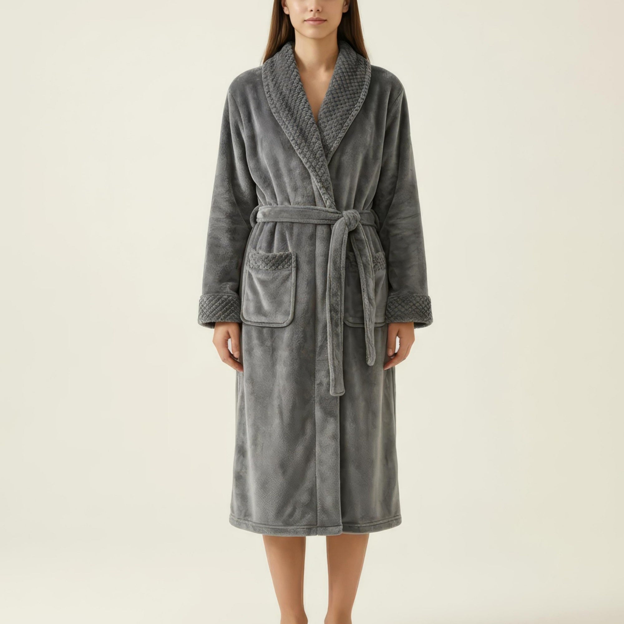 Anna-Kaci Women's Long Plush Robe with Shawl Collar Tie Waist Belt Front Pockets Soft Fleece Robe