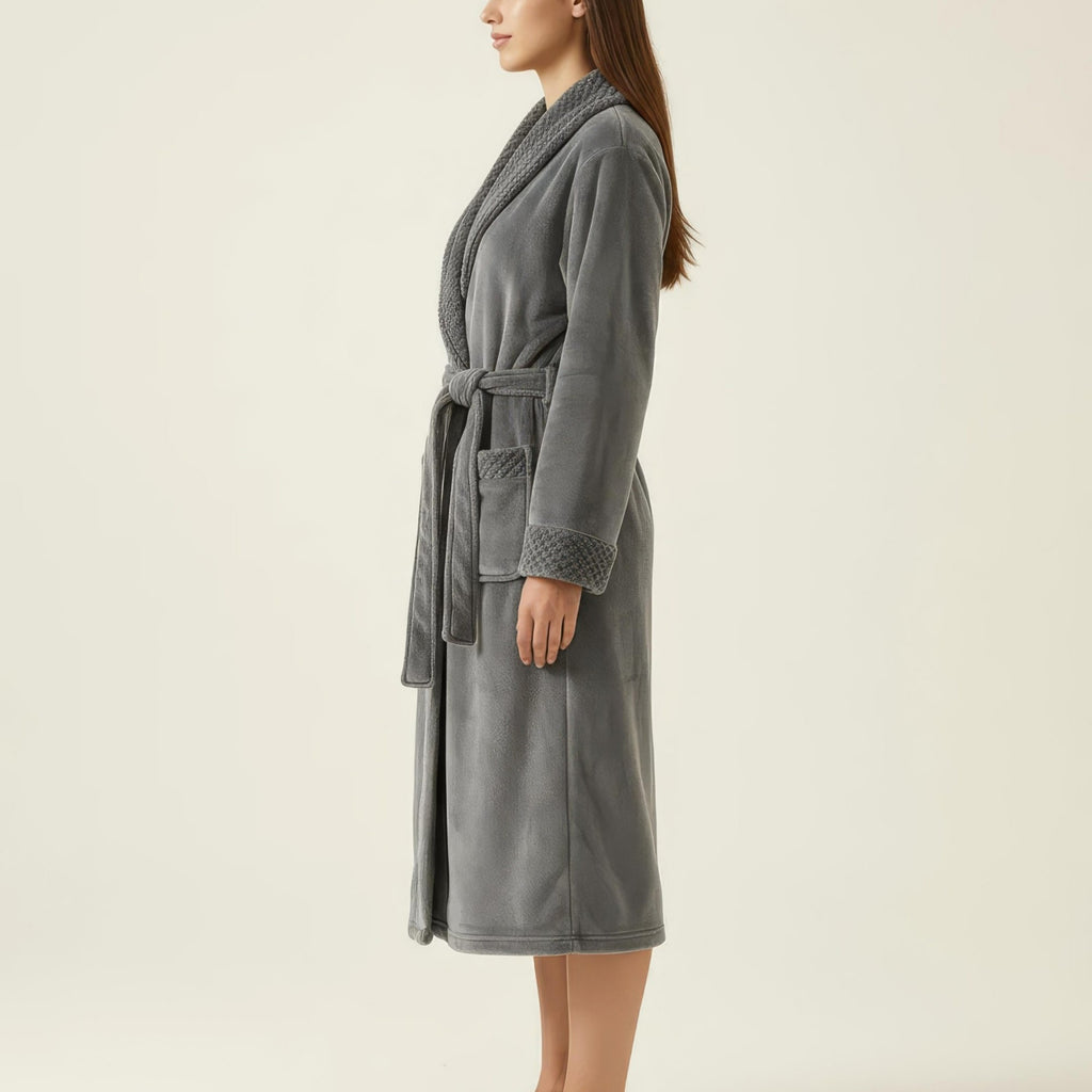 Anna-Kaci Women's Long Plush Robe with Shawl Collar Tie Waist Belt Front Pockets Soft Fleece Robe