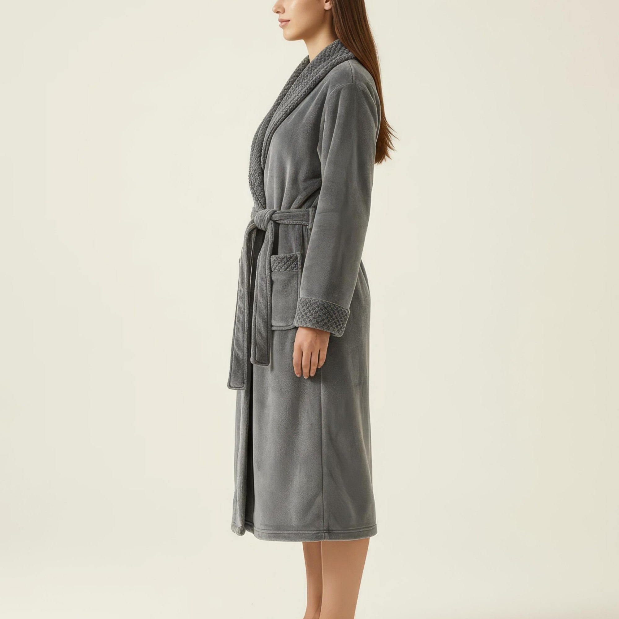 Anna-Kaci Women's Long Plush Robe with Shawl Collar Tie Waist Belt Front Pockets Soft Fleece Robe