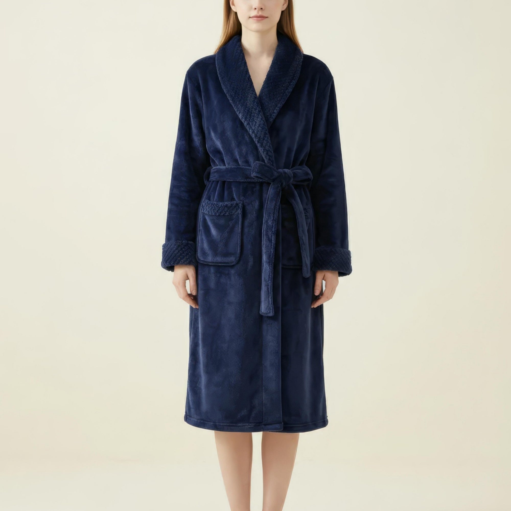 Anna-Kaci Women's Long Plush Robe with Shawl Collar Tie Waist Belt Front Pockets Soft Fleece Robe