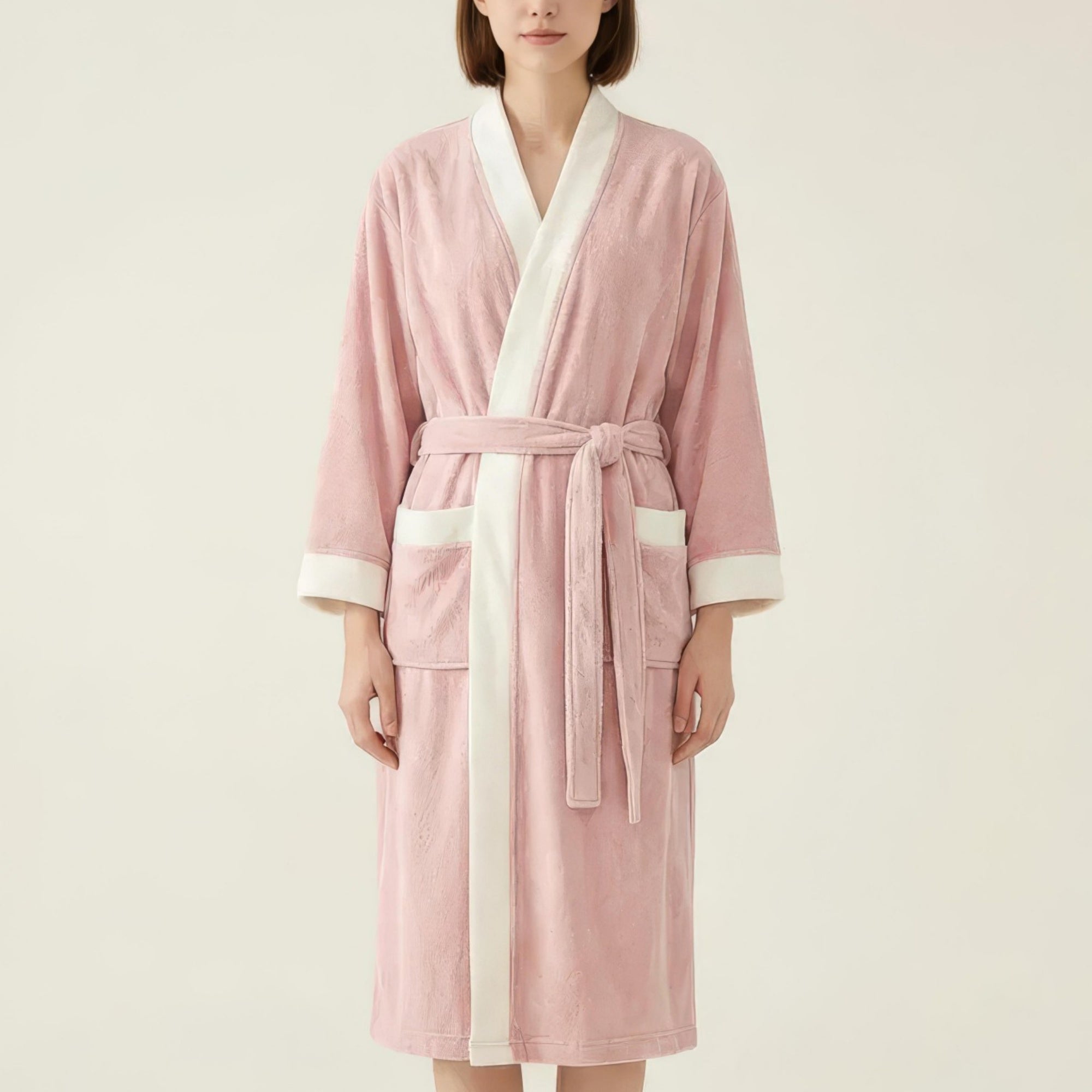 Anna-Kaci Women's Long Plush Robe with Contrast Trim Tie Waist Belt Front Pockets Soft Fleece Robe