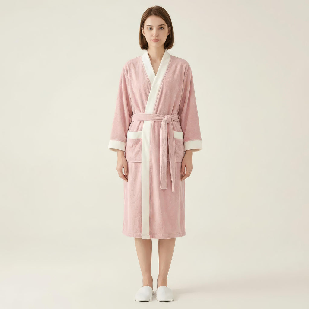 Anna-Kaci Women's Long Plush Robe with Contrast Trim Tie Waist Belt Front Pockets Soft Fleece Robe