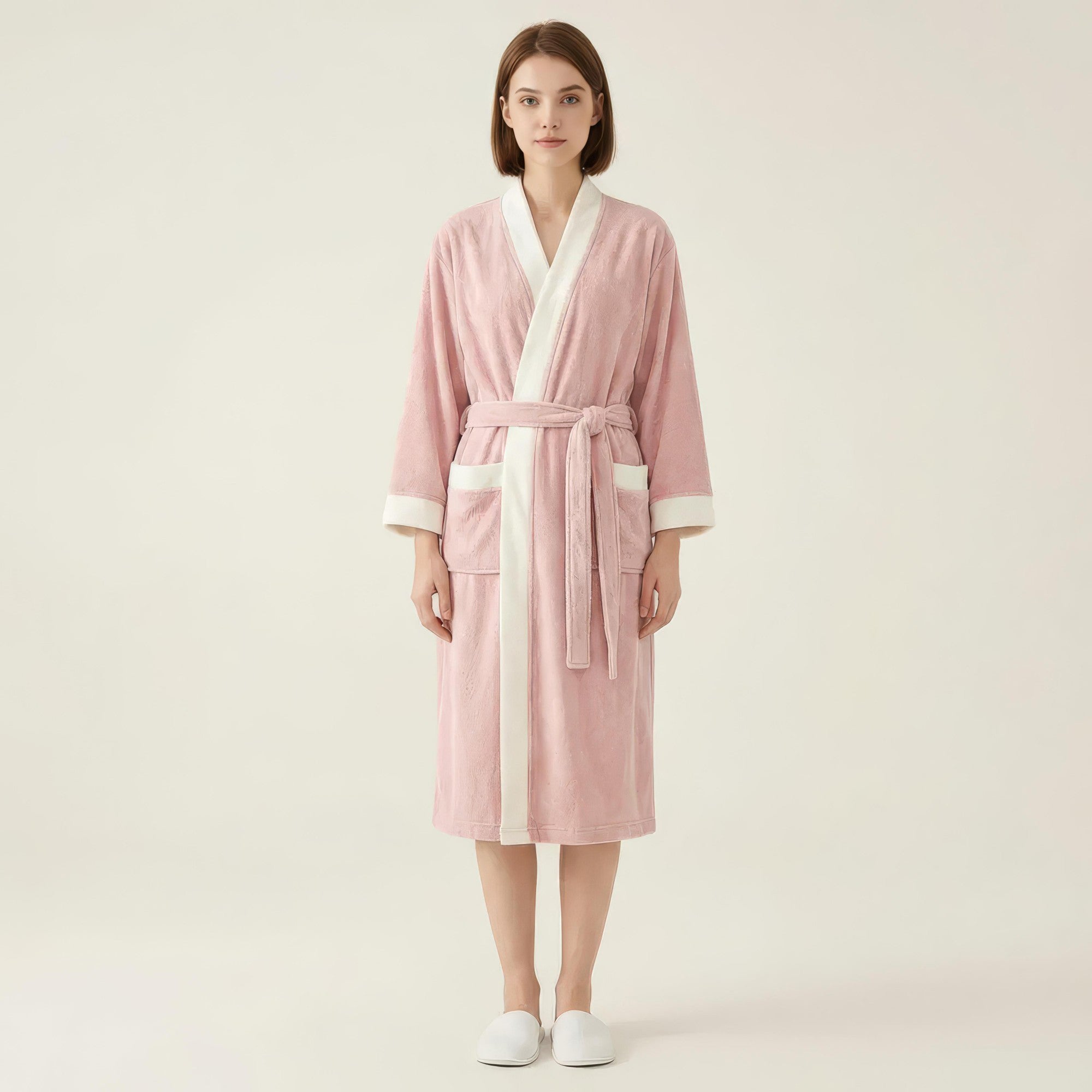 Anna-Kaci Women's Long Plush Robe with Contrast Trim Tie Waist Belt Front Pockets Soft Fleece Robe