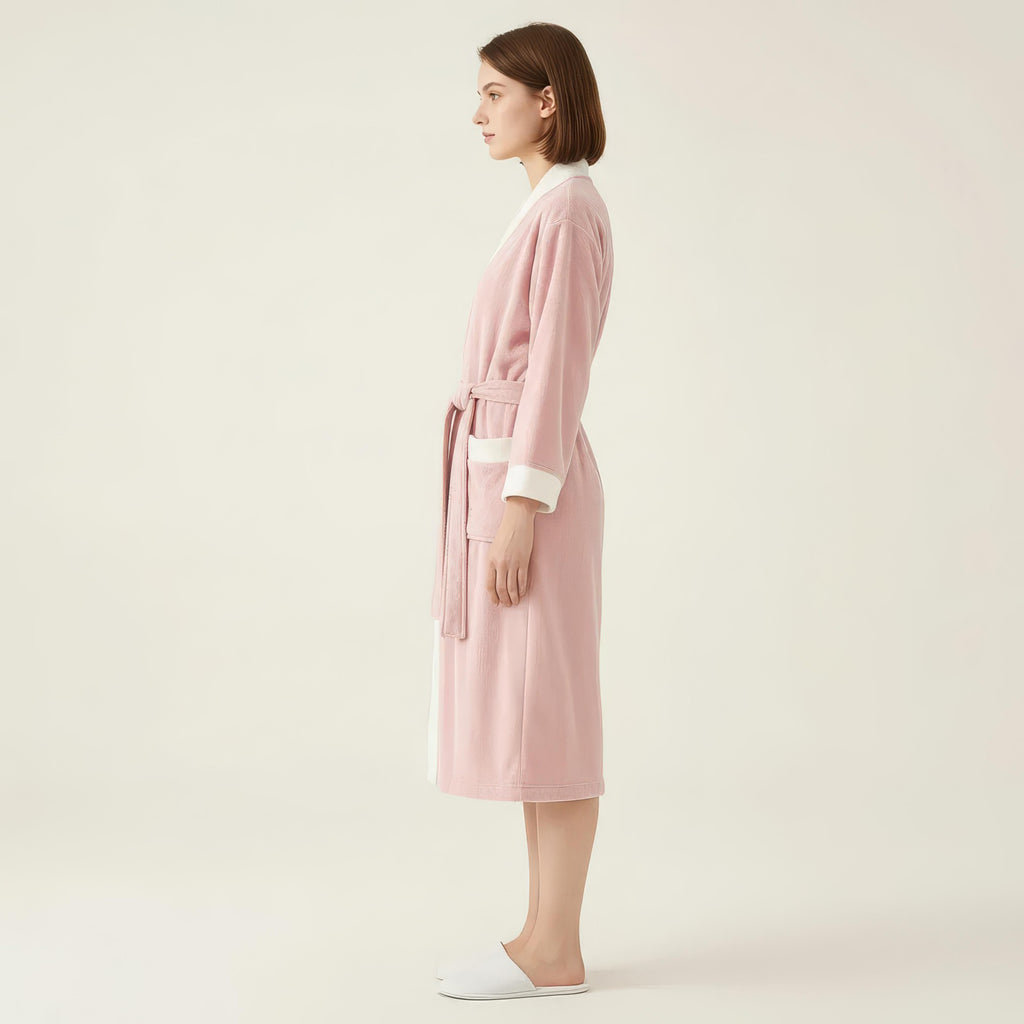 Anna-Kaci Women's Long Plush Robe with Contrast Trim Tie Waist Belt Front Pockets Soft Fleece Robe