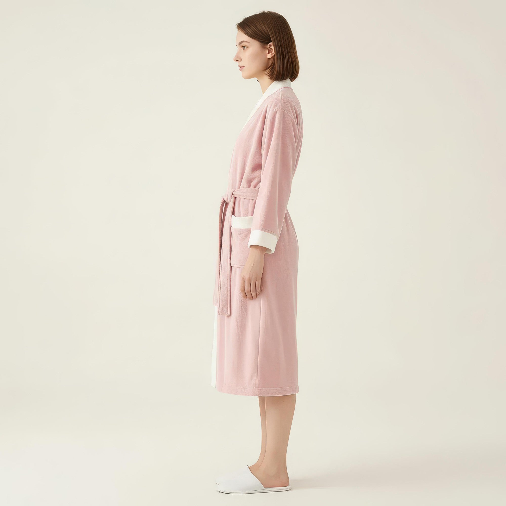 Anna-Kaci Women's Long Plush Robe with Contrast Trim Tie Waist Belt Front Pockets Soft Fleece Robe