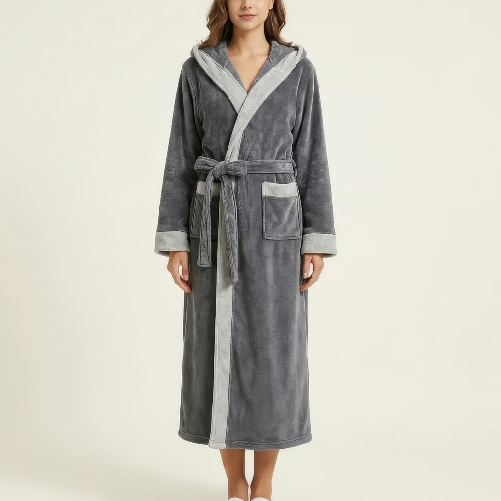 Anna-Kaci Women's Long Plush Hooded Robe with Contrast Trim Tie Waist Belt Front Pockets Soft Fleece Robe