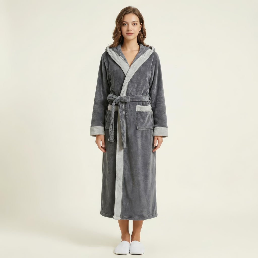 Anna-Kaci Women's Long Plush Hooded Robe with Contrast Trim Tie Waist Belt Front Pockets Soft Fleece Robe