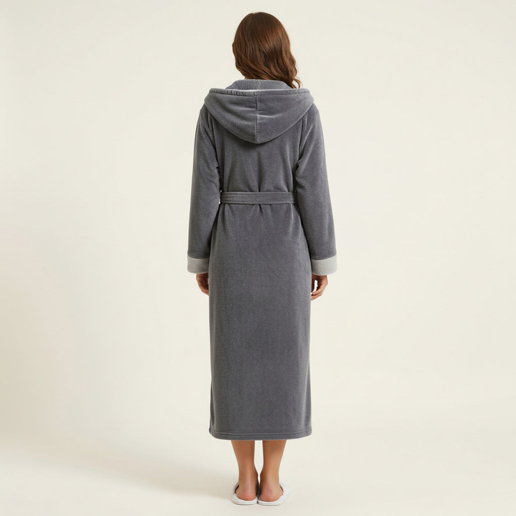 Anna-Kaci Women's Long Plush Hooded Robe with Contrast Trim Tie Waist Belt Front Pockets Soft Fleece Robe