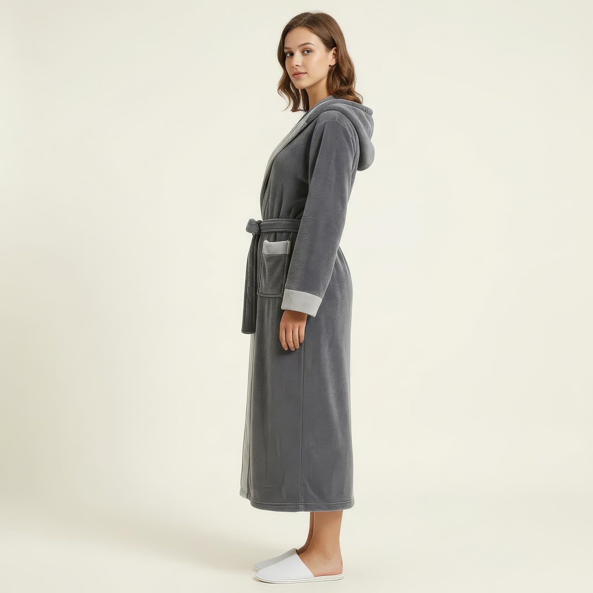 Anna-Kaci Women's Long Plush Hooded Robe with Contrast Trim Tie Waist Belt Front Pockets Soft Fleece Robe