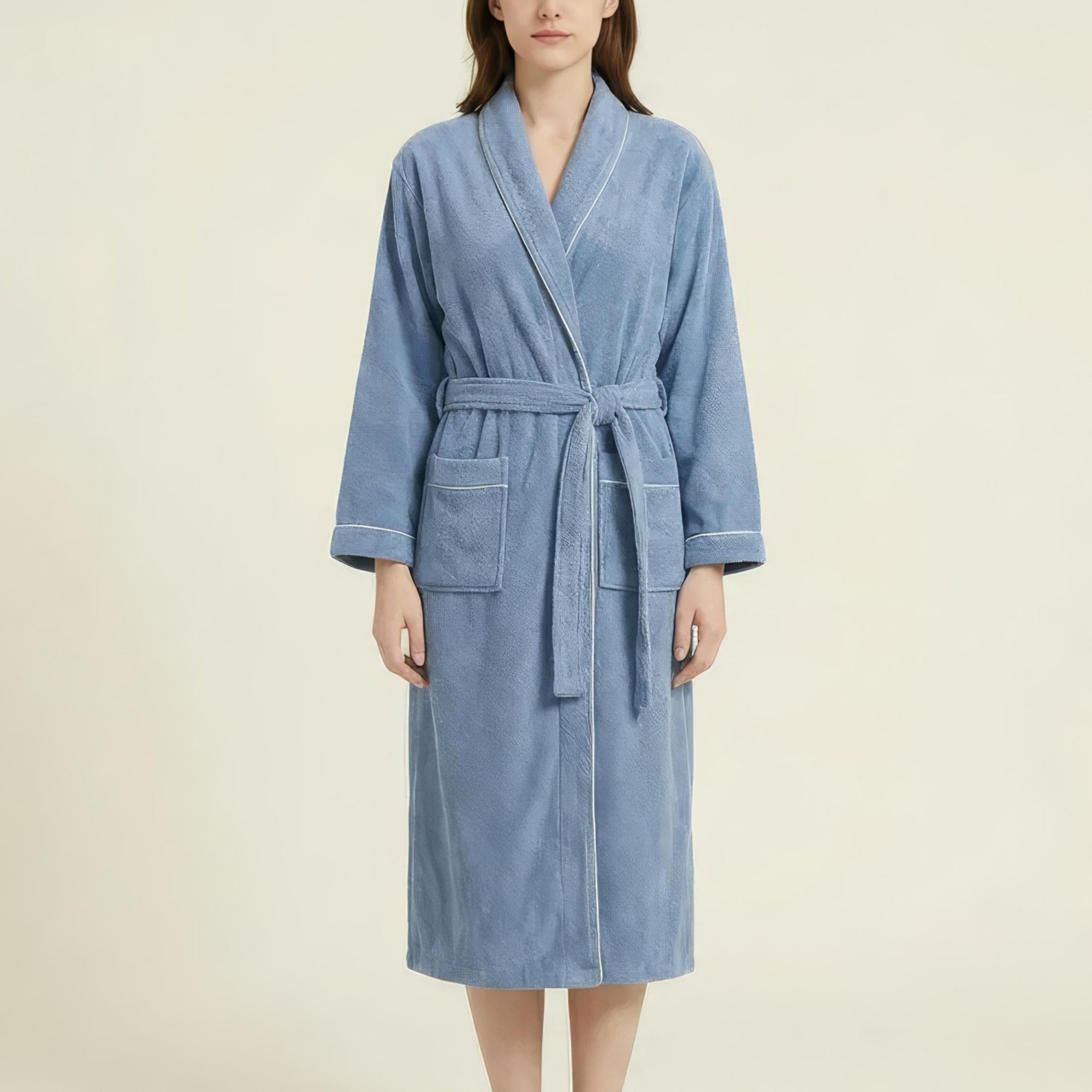 Anna-Kaci Women's Long Plush Robe with Shawl Collar Tie Waist Belt Front Pockets Soft Fleece Robe