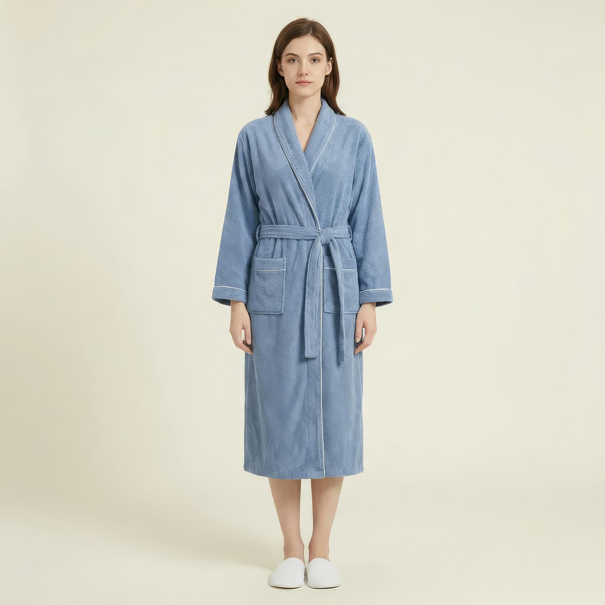Anna-Kaci Women's Long Plush Robe with Shawl Collar Tie Waist Belt Front Pockets Soft Fleece Robe