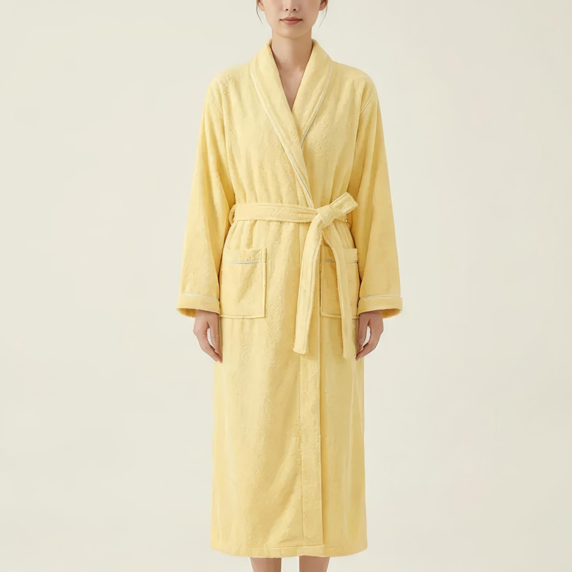 Anna-Kaci Women's Long Plush Robe with Shawl Collar Tie Waist Belt Front Pockets Soft Fleece Robe