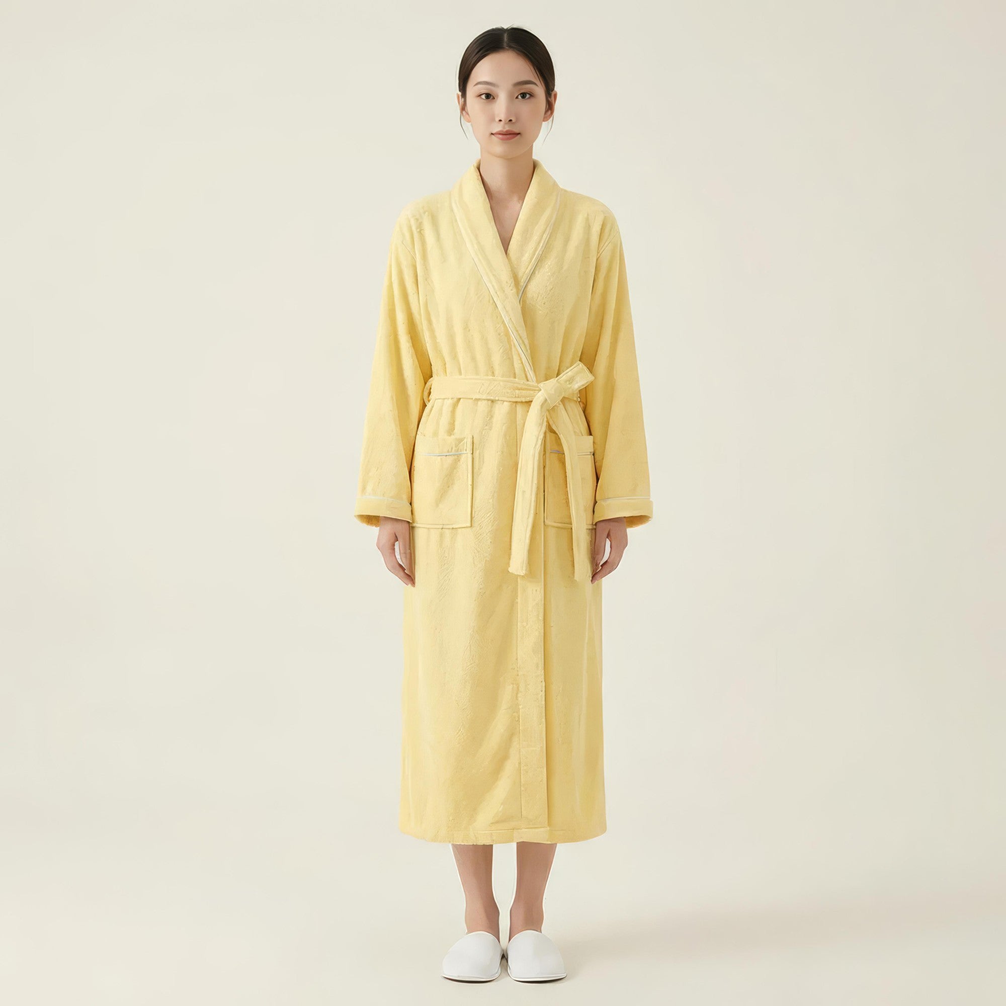 Anna-Kaci Women's Long Plush Robe with Shawl Collar Tie Waist Belt Front Pockets Soft Fleece Robe
