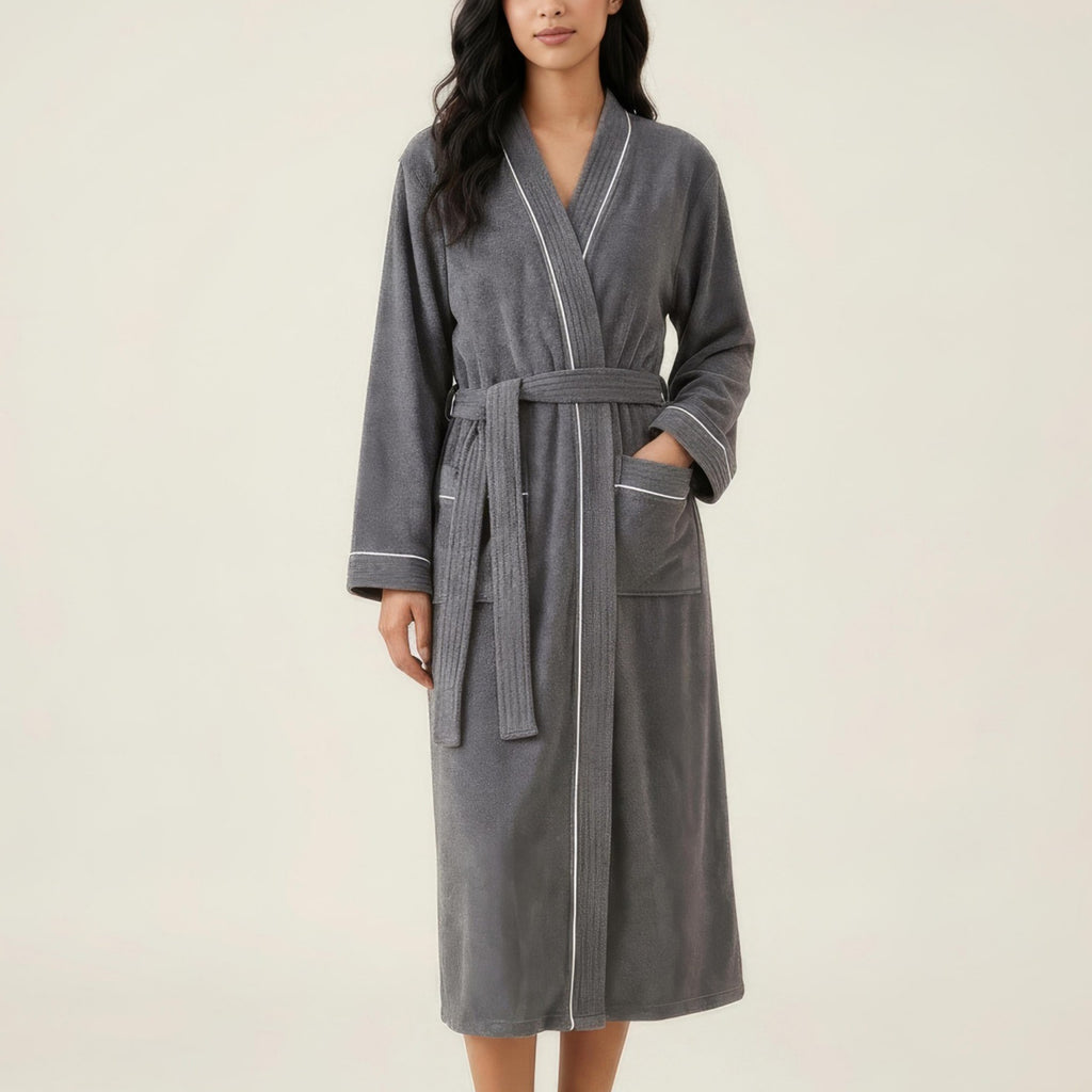 Anna-Kaci Women's Long Lightweight Robe with Contrast Trim Tie Waist Belt Front Pockets Soft Robe