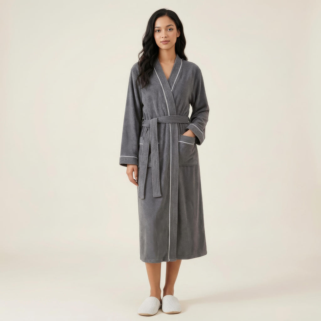 Anna-Kaci Women's Long Lightweight Robe with Contrast Trim Tie Waist Belt Front Pockets Soft Robe