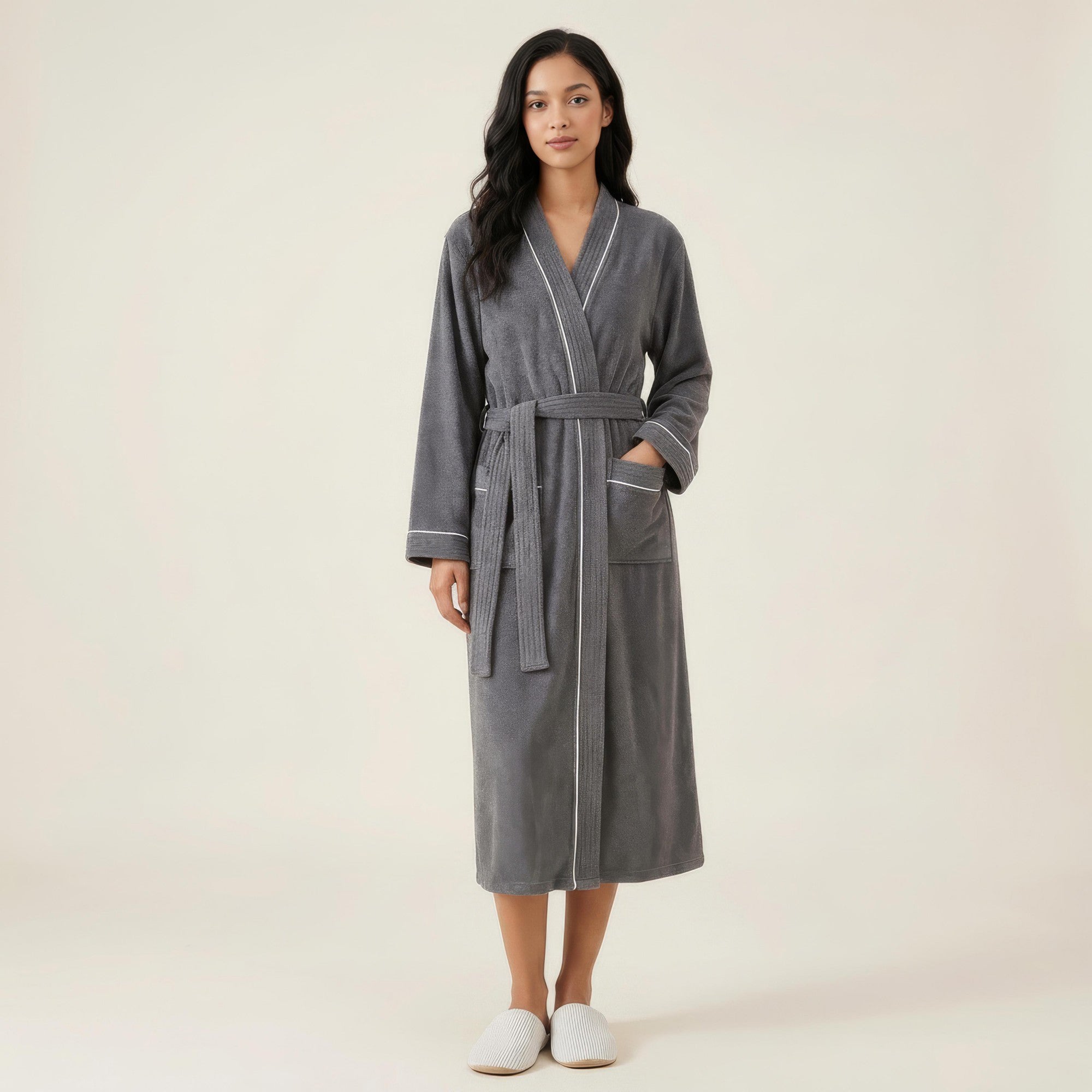 Anna-Kaci Women's Long Lightweight Robe with Contrast Trim Tie Waist Belt Front Pockets Soft Robe