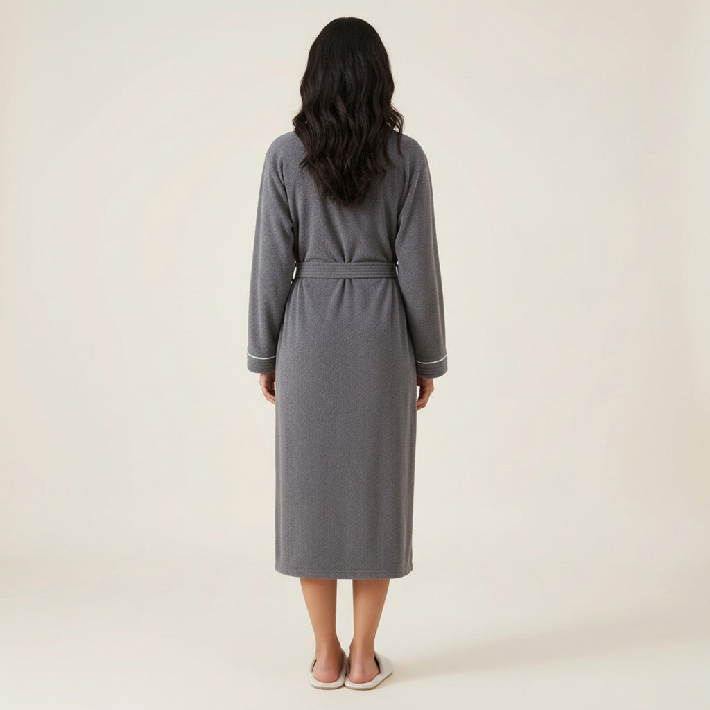 Anna-Kaci Women's Long Lightweight Robe with Contrast Trim Tie Waist Belt Front Pockets Soft Robe