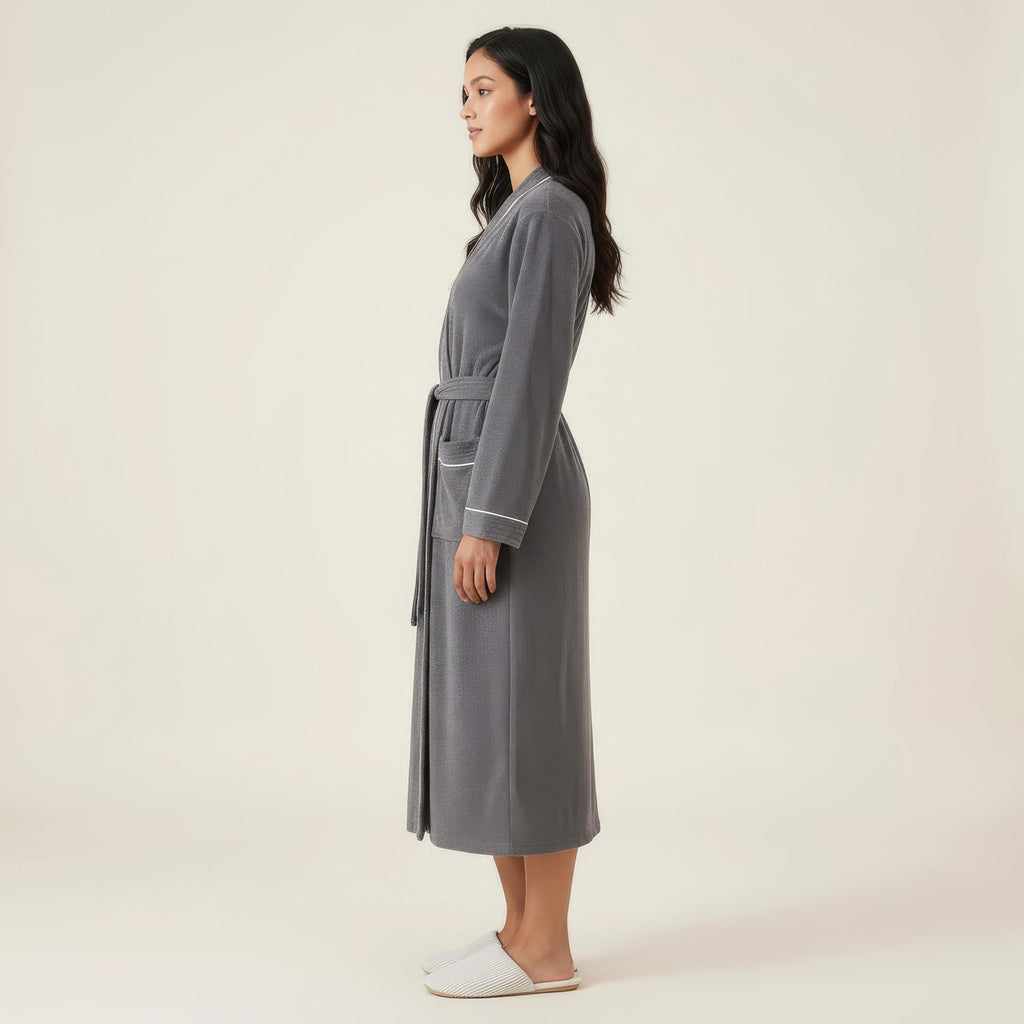 Anna-Kaci Women's Long Lightweight Robe with Contrast Trim Tie Waist Belt Front Pockets Soft Robe