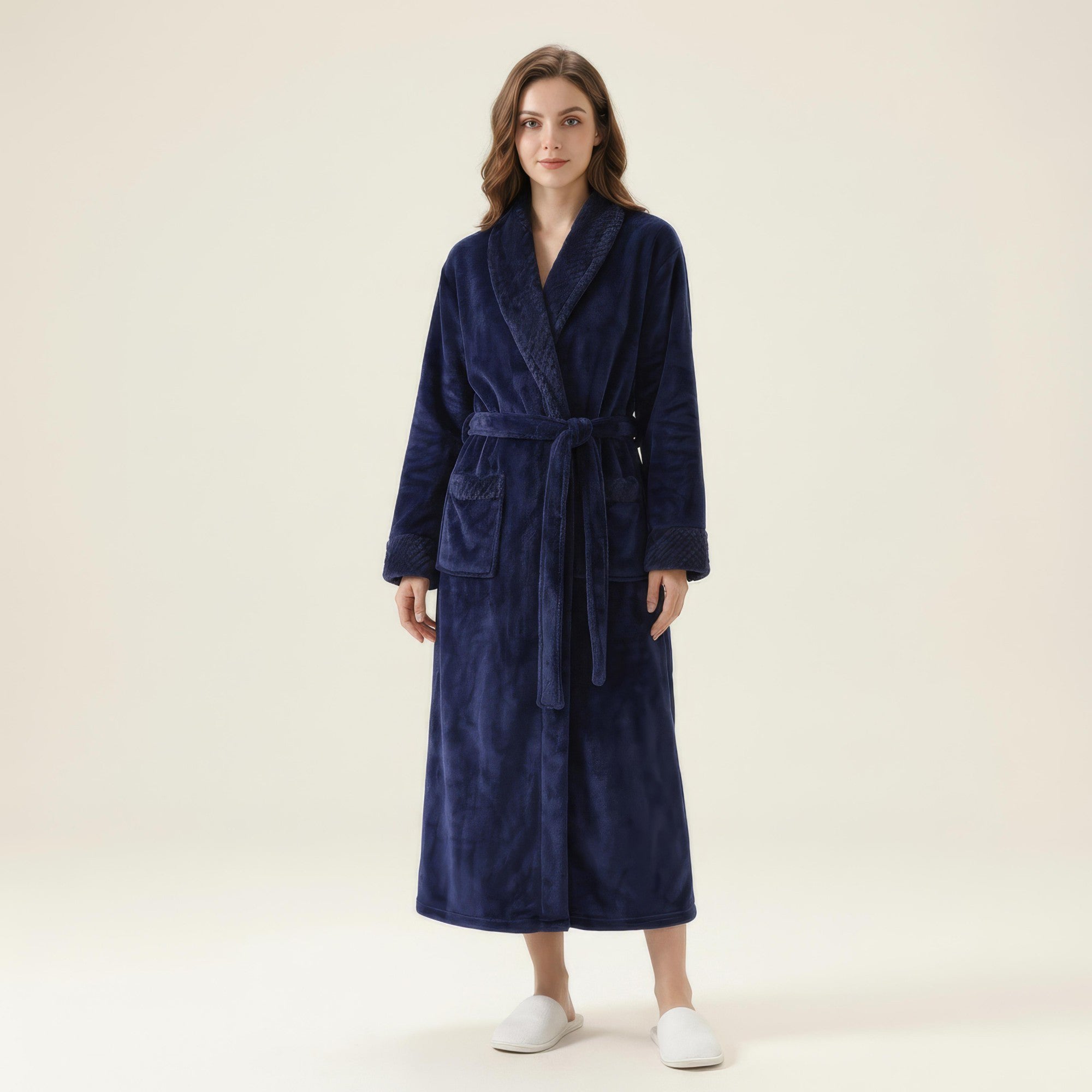 Anna-Kaci Women's Long Plush Robe with Shawl Collar Tie Waist Belt Front Pockets Soft Fleece Robe