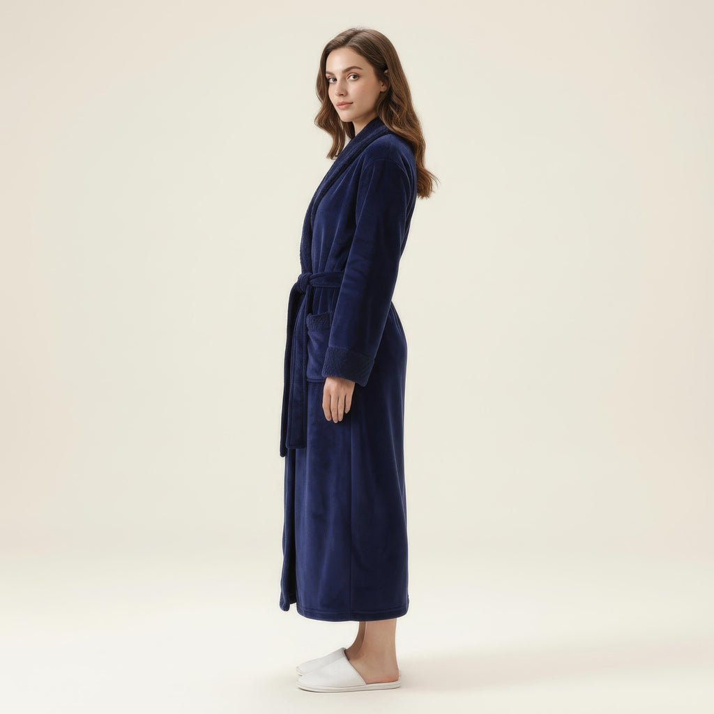 Anna-Kaci Women's Long Plush Robe with Shawl Collar Tie Waist Belt Front Pockets Soft Fleece Robe