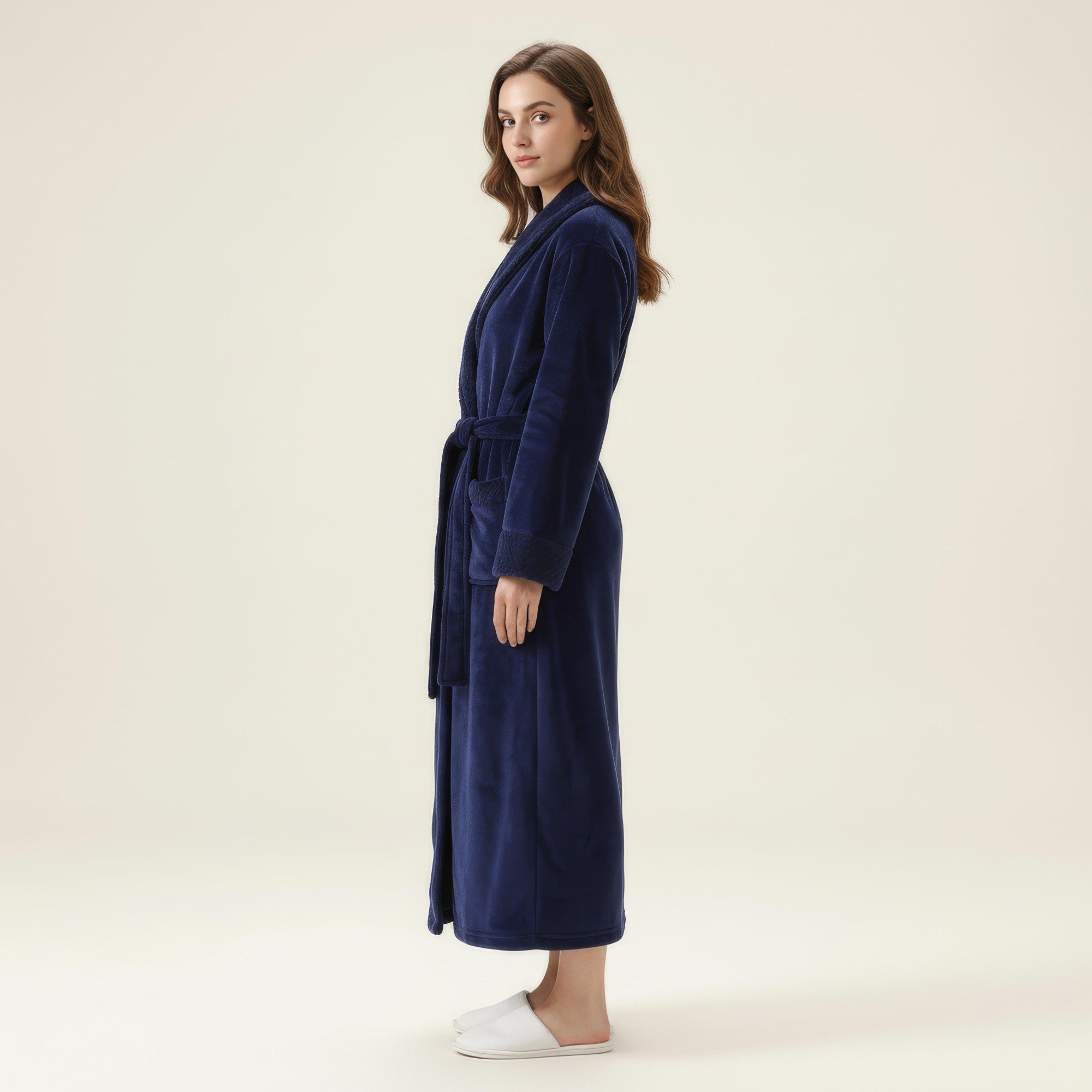 Anna-Kaci Women's Long Plush Robe with Shawl Collar Tie Waist Belt Front Pockets Soft Fleece Robe