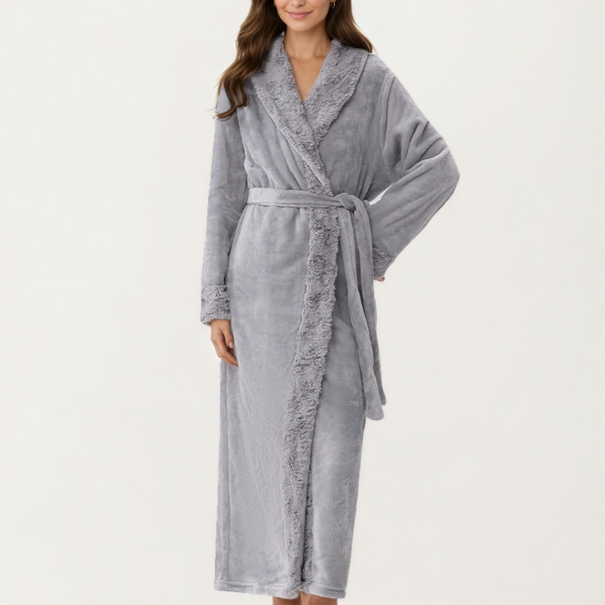 Anna-Kaci Women's Plush Long Bathrobe with Shawl Collar, Self Tie Belt and Faux Shearling Trim