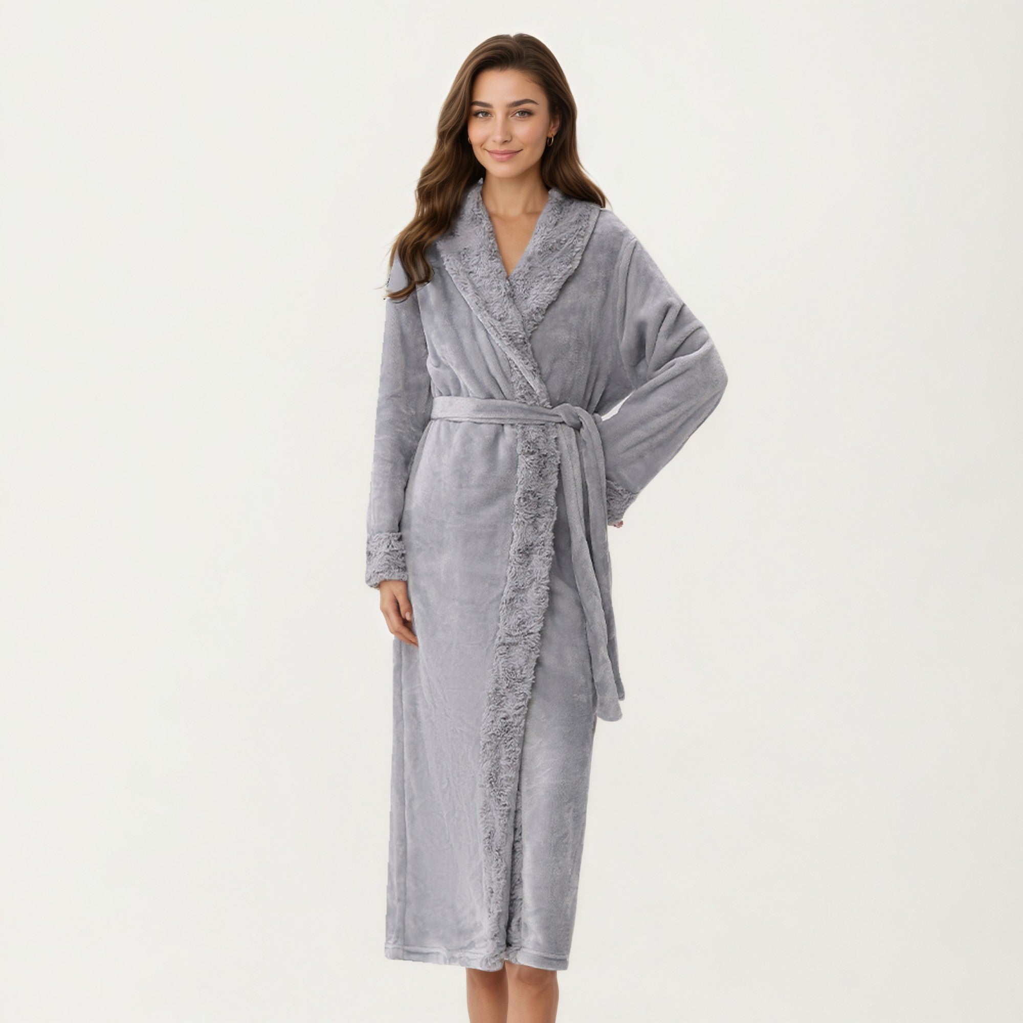 Anna-Kaci Women's Plush Long Bathrobe with Shawl Collar, Self Tie Belt and Faux Shearling Trim