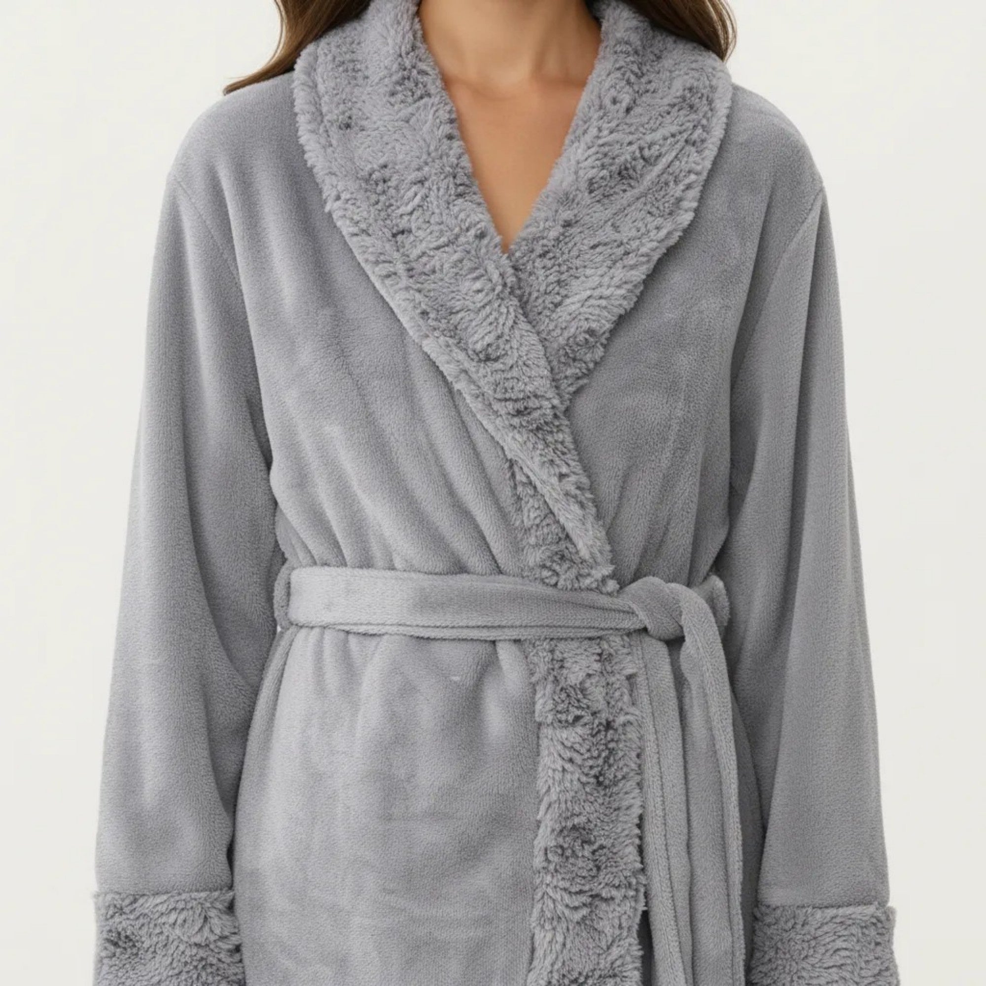Anna-Kaci Women's Plush Long Bathrobe with Shawl Collar, Self Tie Belt and Faux Shearling Trim